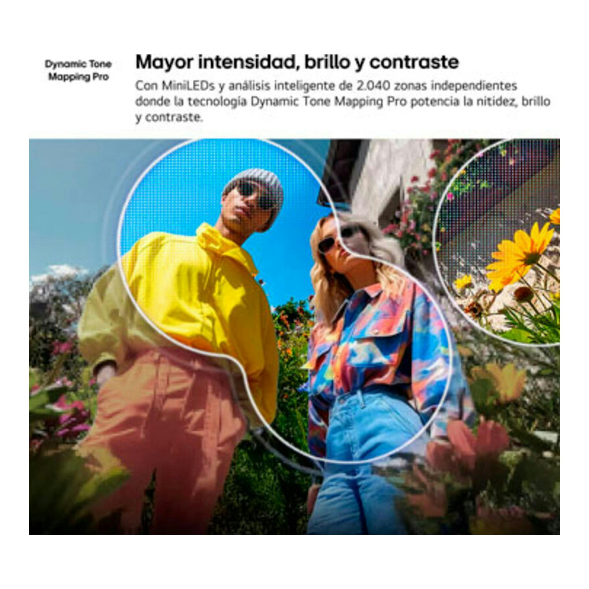 Gráfico promocional de LG 50QNED86B6B sobre MiniLED, con dos personas de pie al aire libre.