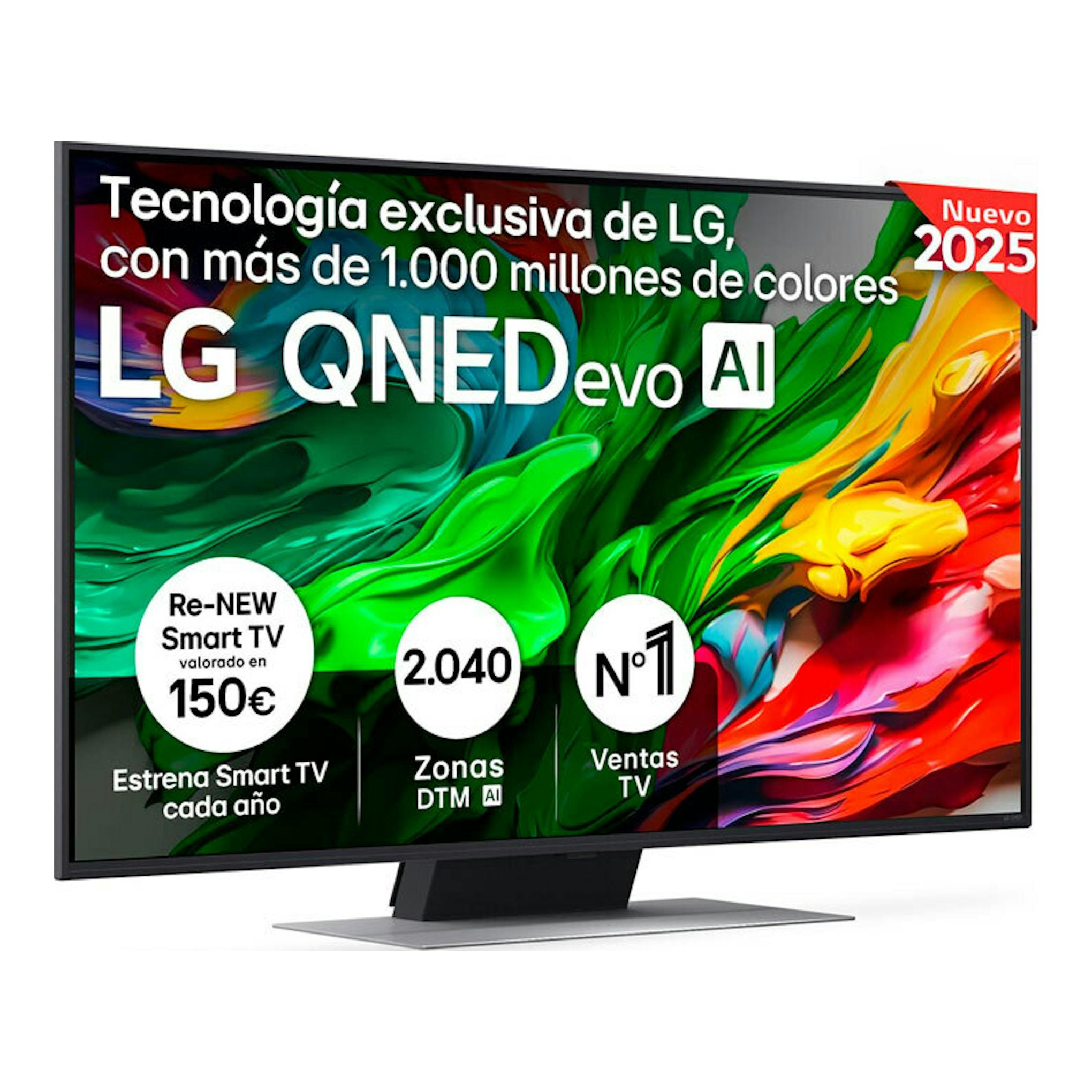 TV LG 50QNED87A6D QNED 4K de 50", vista frontal en ángulo, marco negro y pantalla con gráfico multicolor.