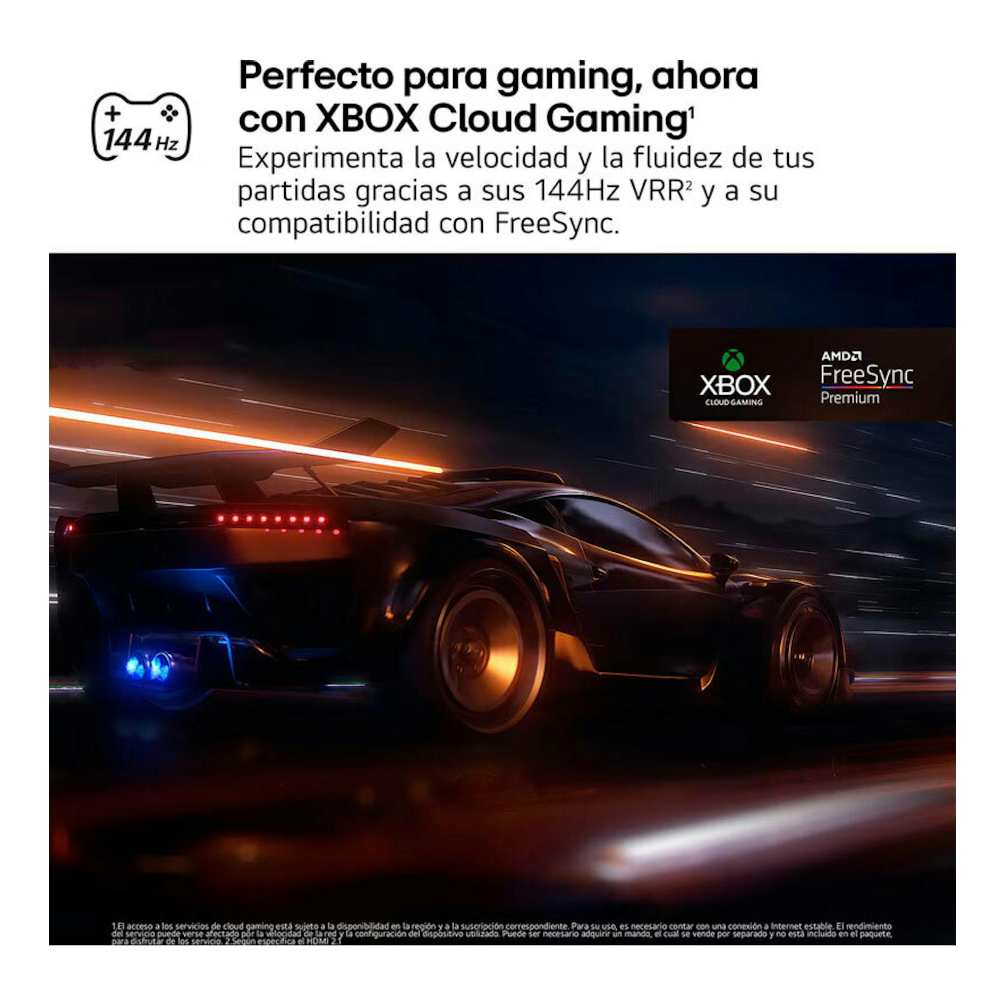 Anuncio de LG QNED con texto sobre Xbox Cloud Gaming, 144 Hz, VRR y FreeSync, y un coche deportivo.
