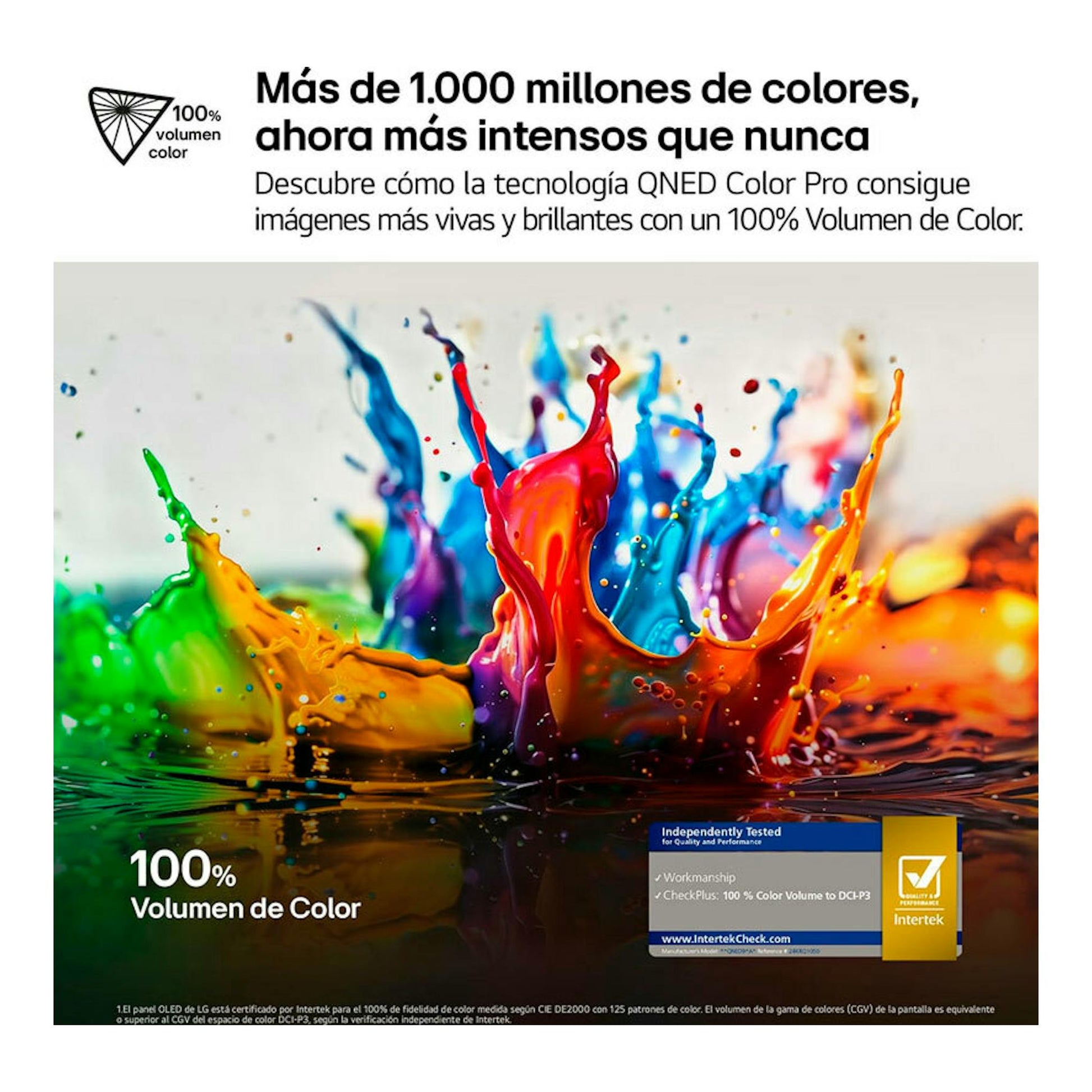 Anuncio de LG 50QNED87A6D QNED 4K con salpicadura de color y texto «100% Volumen de Color».