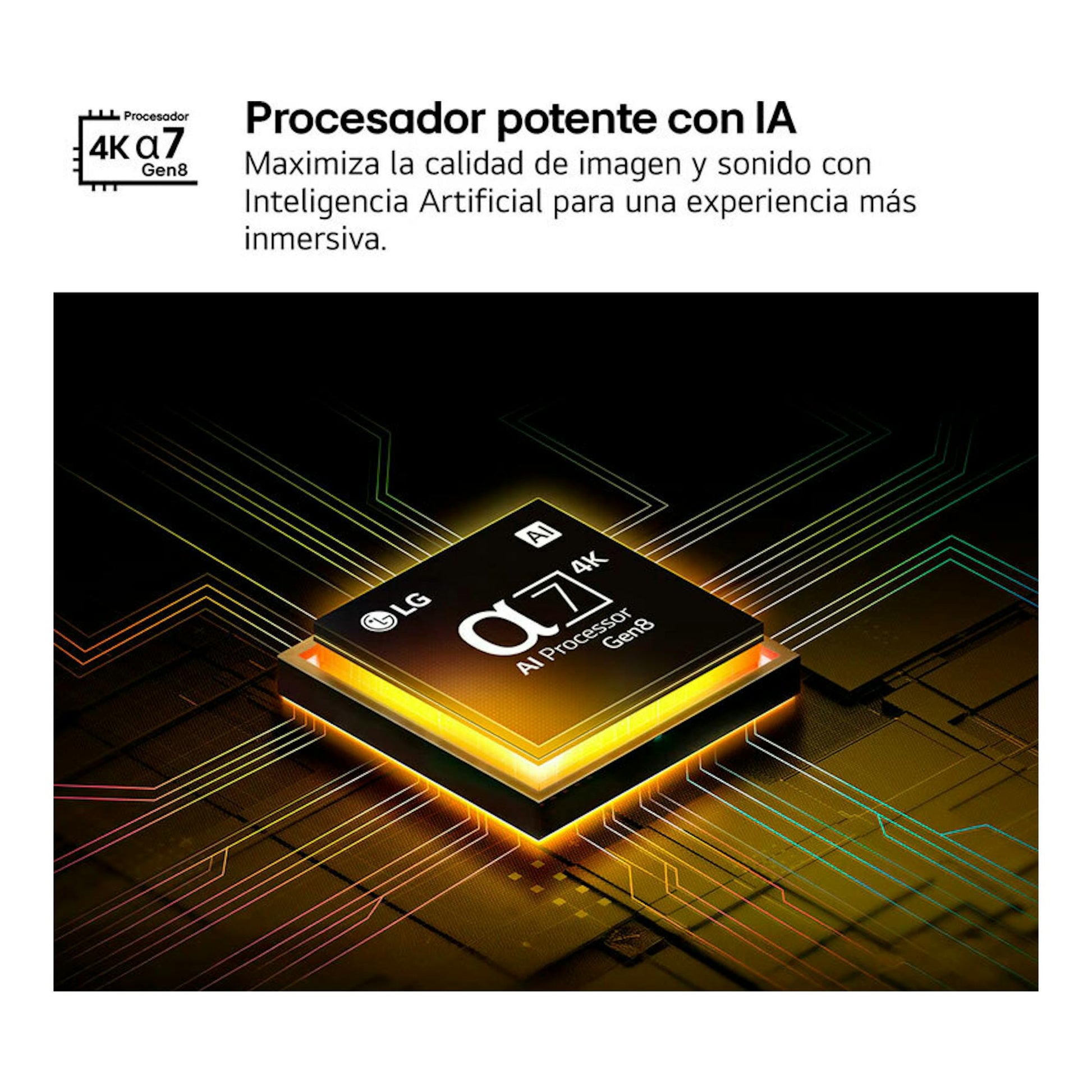 Imagen promocional del procesador LG α7 4K AI Processor Gen8, sobre fondo negro con líneas de circuito.