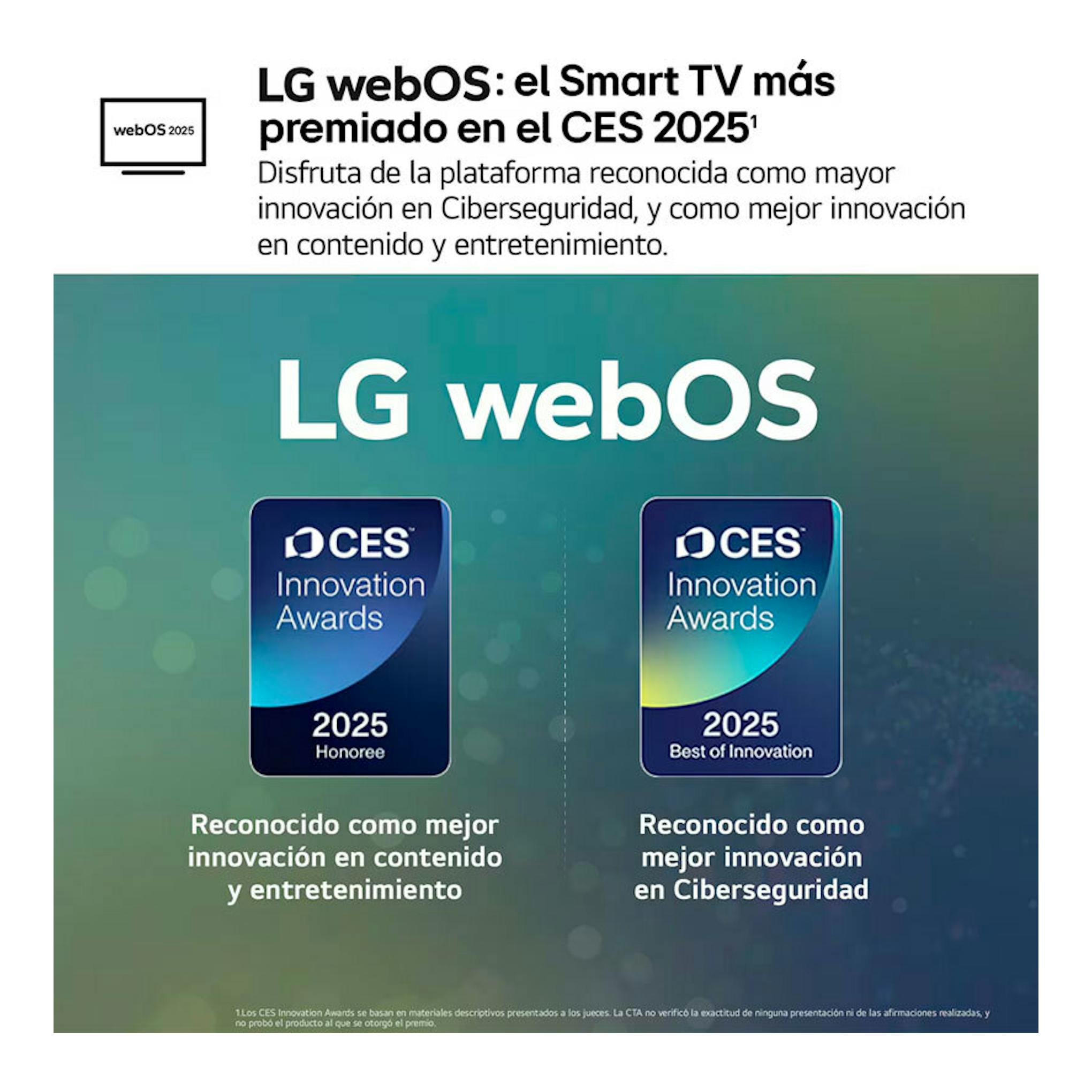 Banner de LG webOS con dos premios CES 2025 y texto sobre ciberseguridad y entretenimiento.