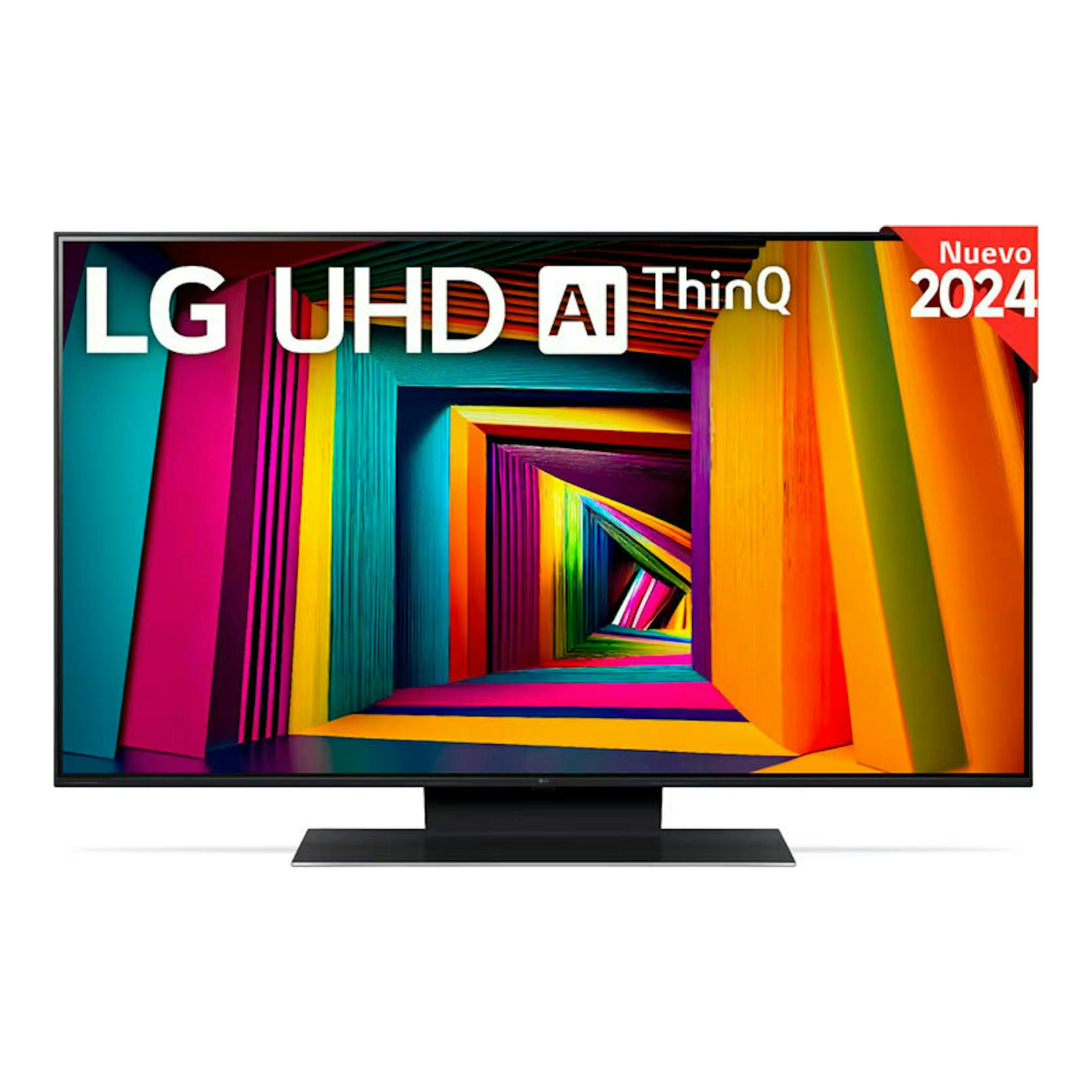 Televisor LG UHD AI ThinQ, vista frontal, con pantalla multicolor y peana negra; etiqueta Nuevo 2024.
