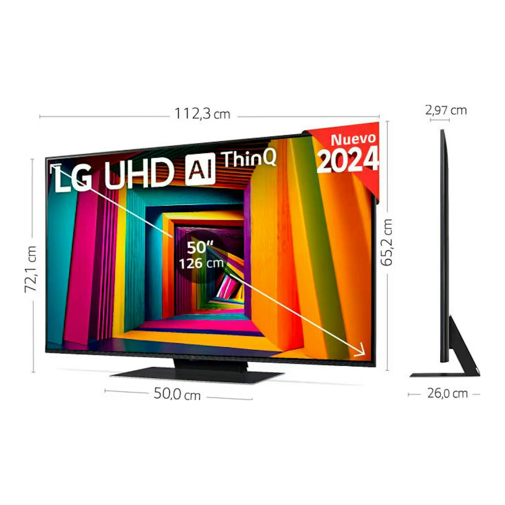 TV LG UHD AI ThinQ 50UT91006LA.AEU de 50", vista frontal y lateral, negro, con base.