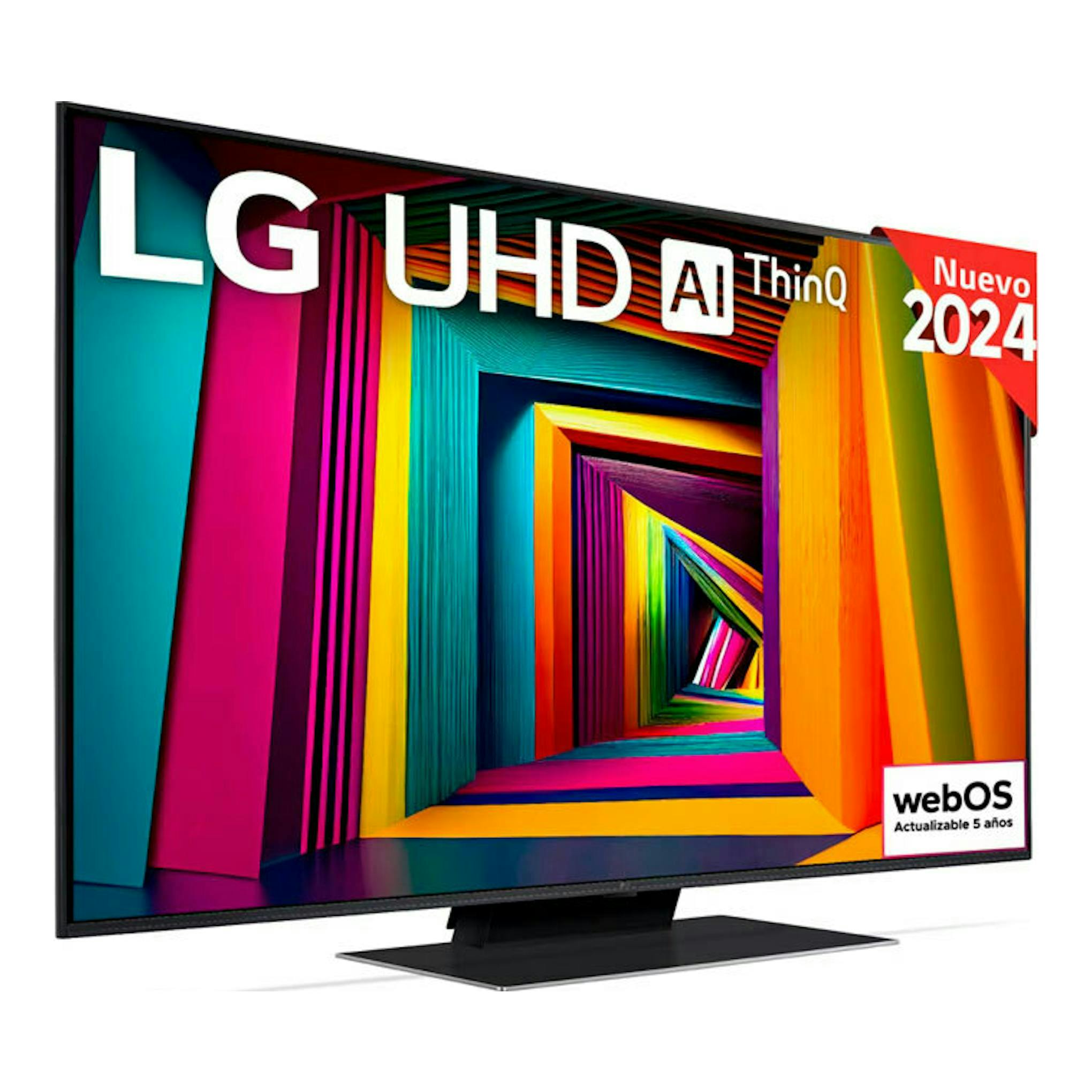 Televisor LG UHD AI ThinQ 2024, vista frontal en ángulo, con peana negra y pantalla multicolor, webOS.
