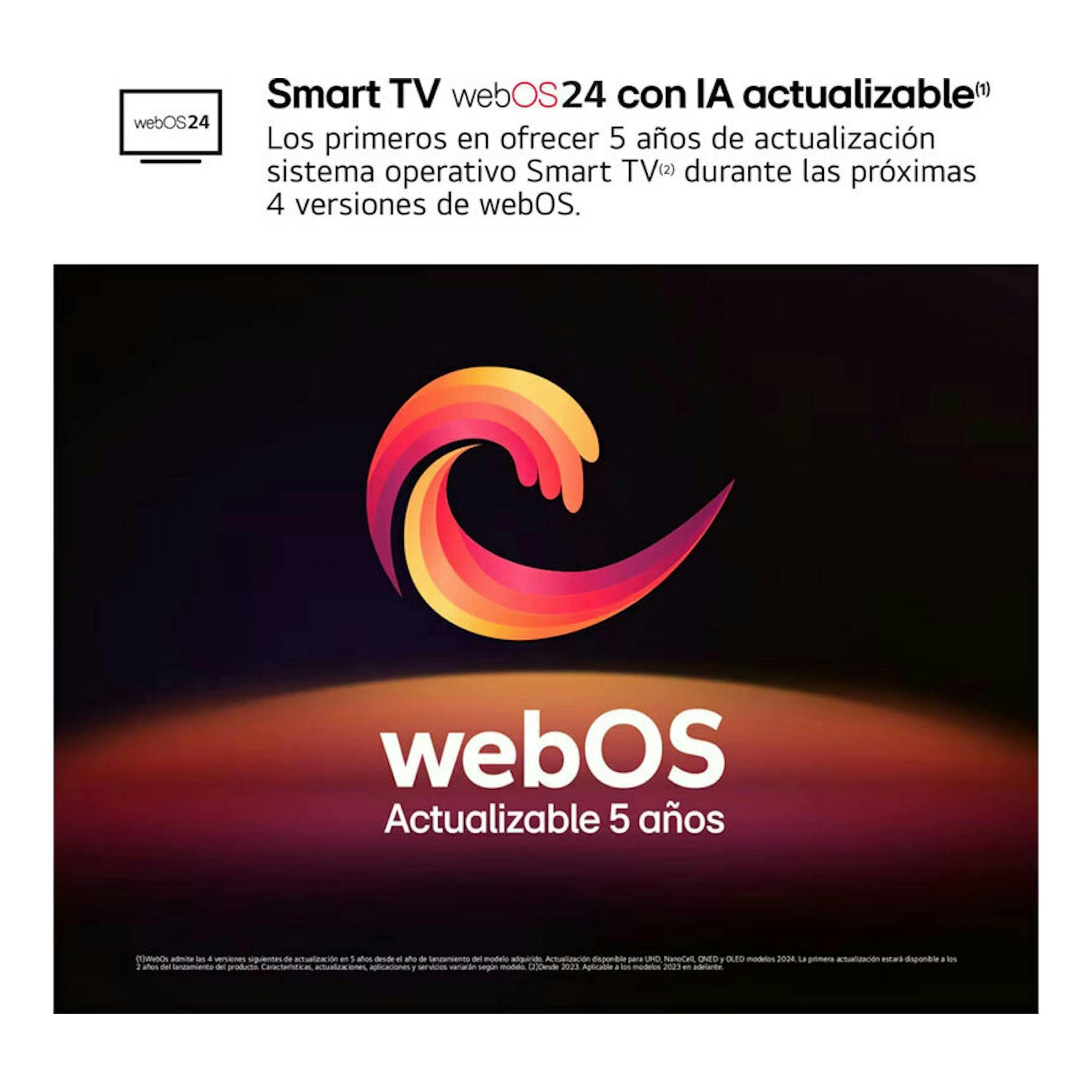 Gráfico promocional de LG webOS 24 con texto sobre actualización de 5 años y logotipo webOS.