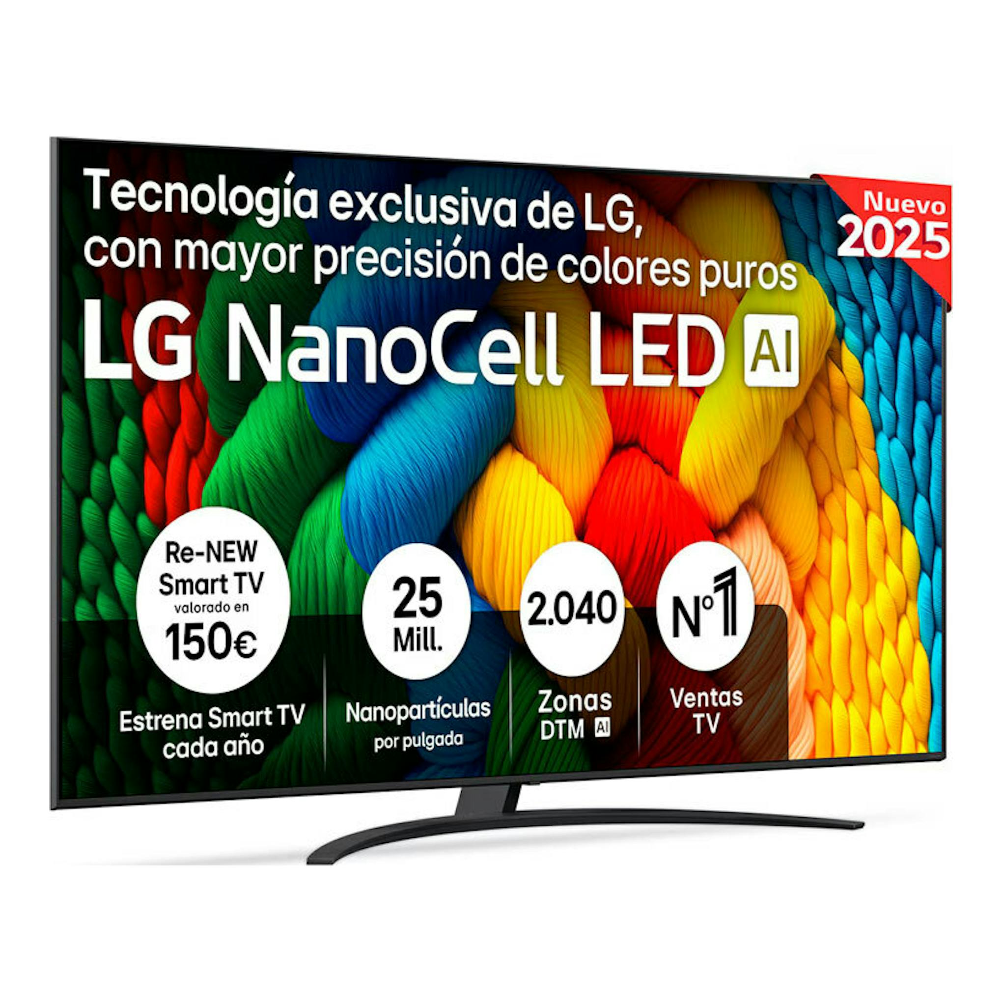 TV LG 55NANO81A6A NanoCell LED AI, vista frontal, pantalla multicolor y soporte central curvo.