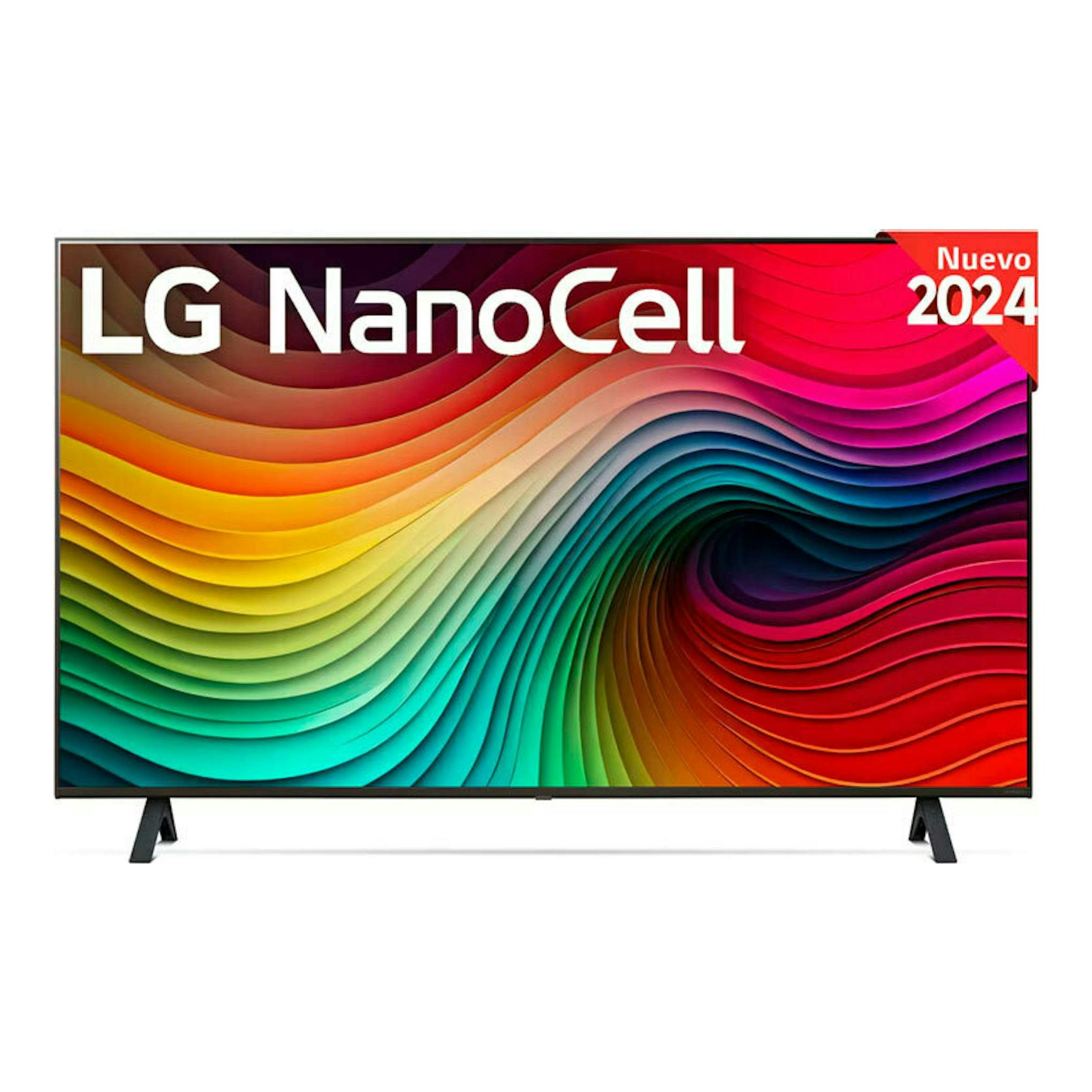 Televisor LG NanoCell 55NANO82T6B, vista frontal, pantalla multicolor y patas negras.