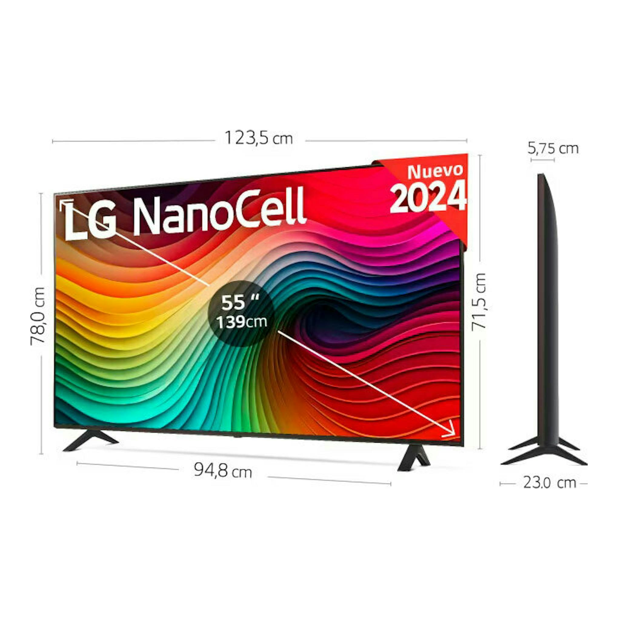 LG NanoCell 55NANO82T6B, televisor de 55 pulgadas, vista frontal y lateral, fondo multicolor.