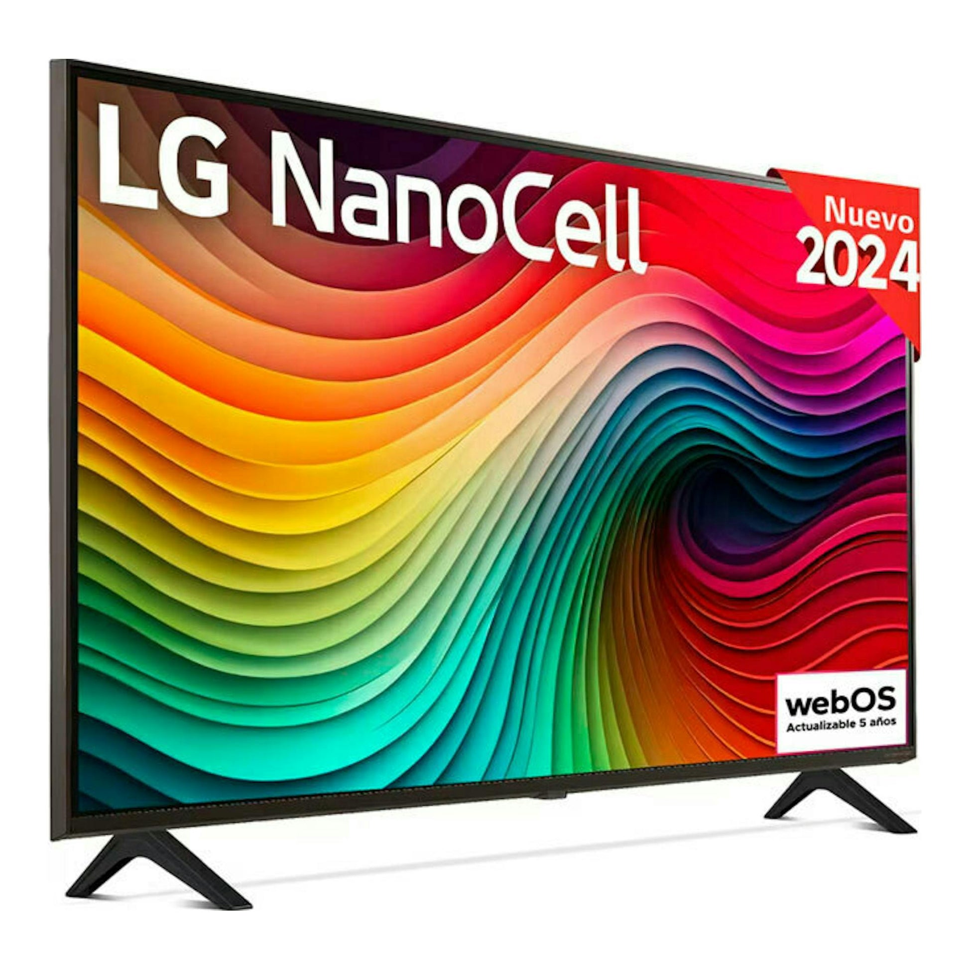 Televisor LG 55NANO82T6B NanoCell 2024, vista frontal en ángulo, pantalla multicolor, marco negro y peanas negras.