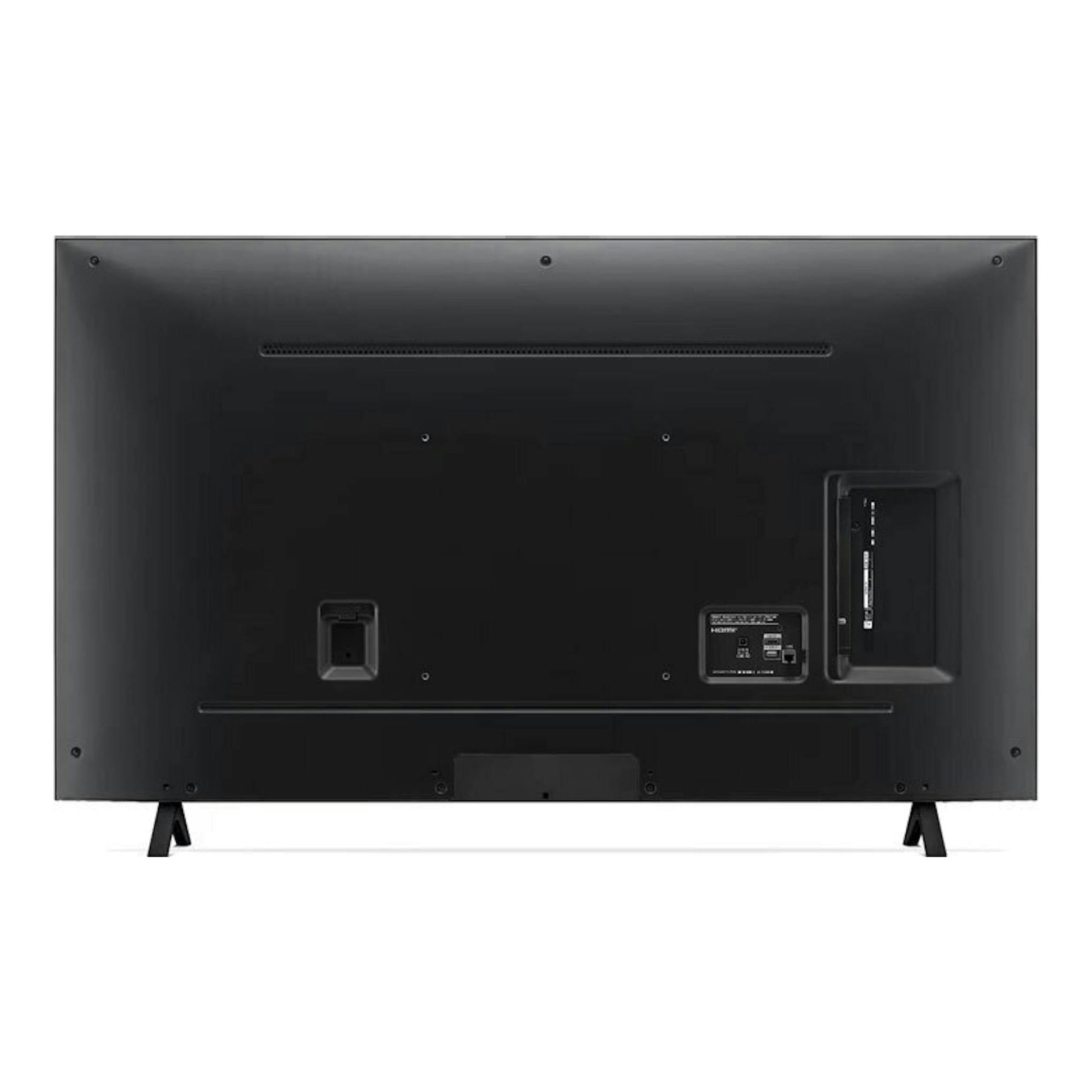 Televisor LG 55NANO82T6B negro, vista trasera, con patas laterales y panel de conexiones visible.