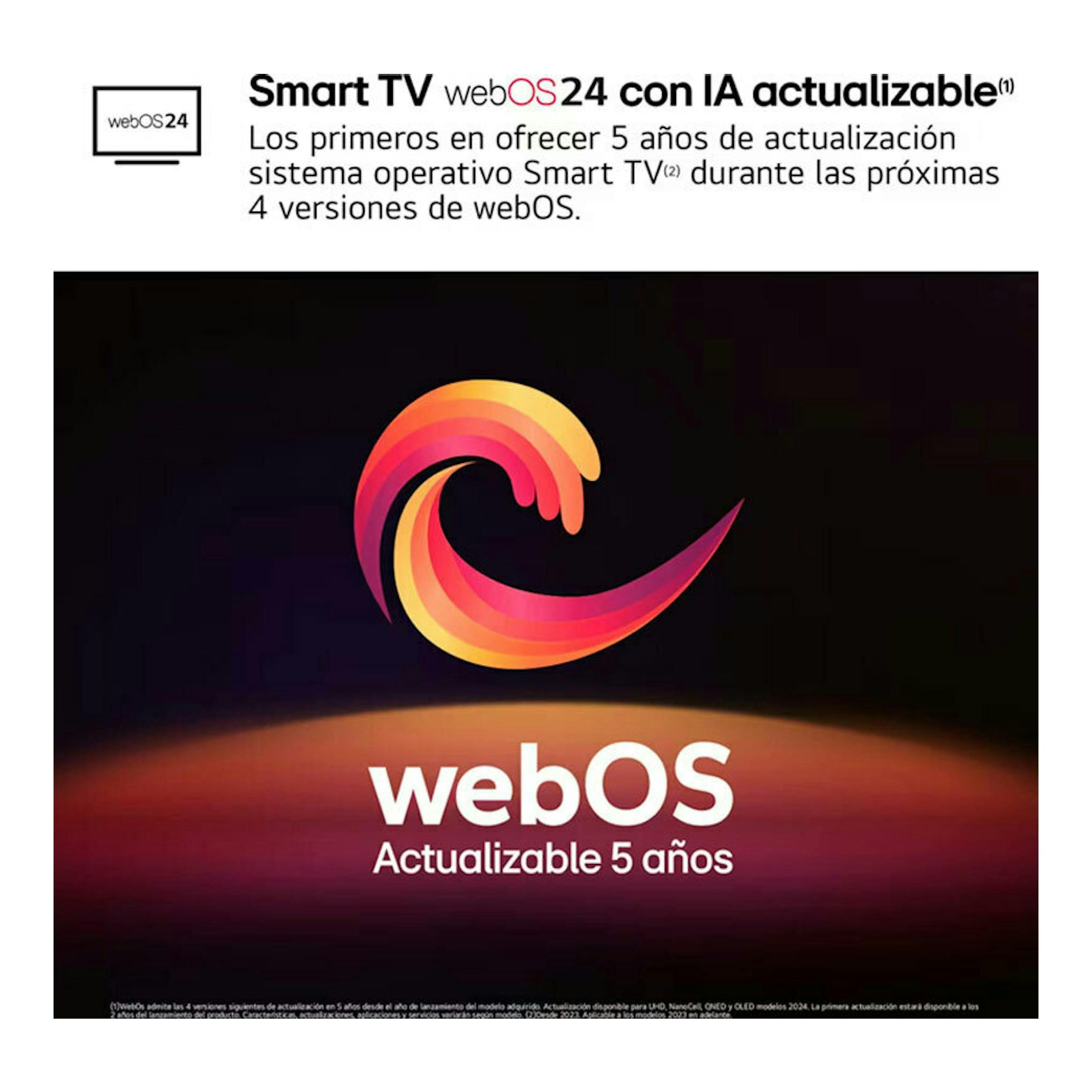 Cartel de LG webOS 24 con logo multicolor sobre fondo negro y texto sobre actualización de 5 años.