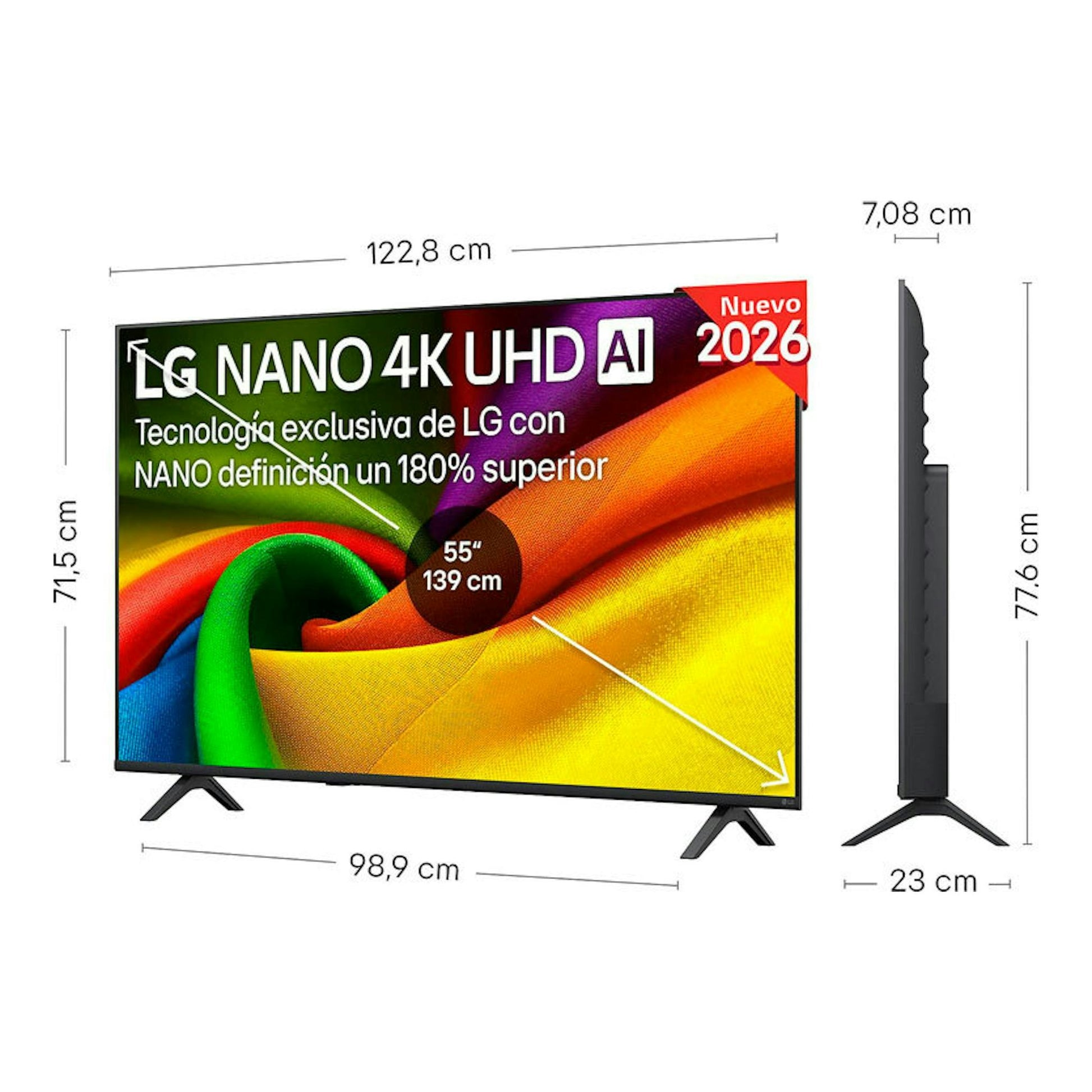Televisor LG 55NU850B6LA.AEU de 55 pulgadas, vista frontal y lateral, con medidas en cm.