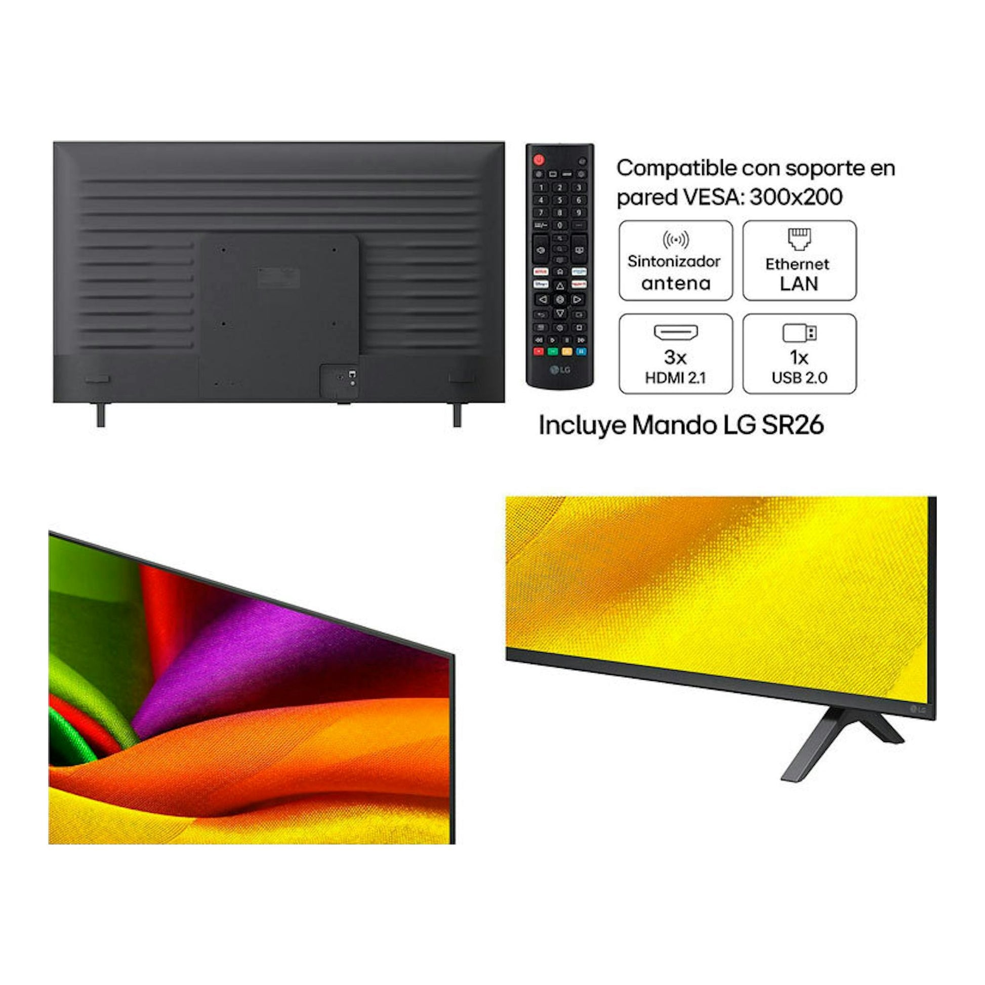 Televisor LG 55NU850B6LA.AEU negro, vista frontal y trasera, con mando a distancia y puertos HDMI, USB y LAN.