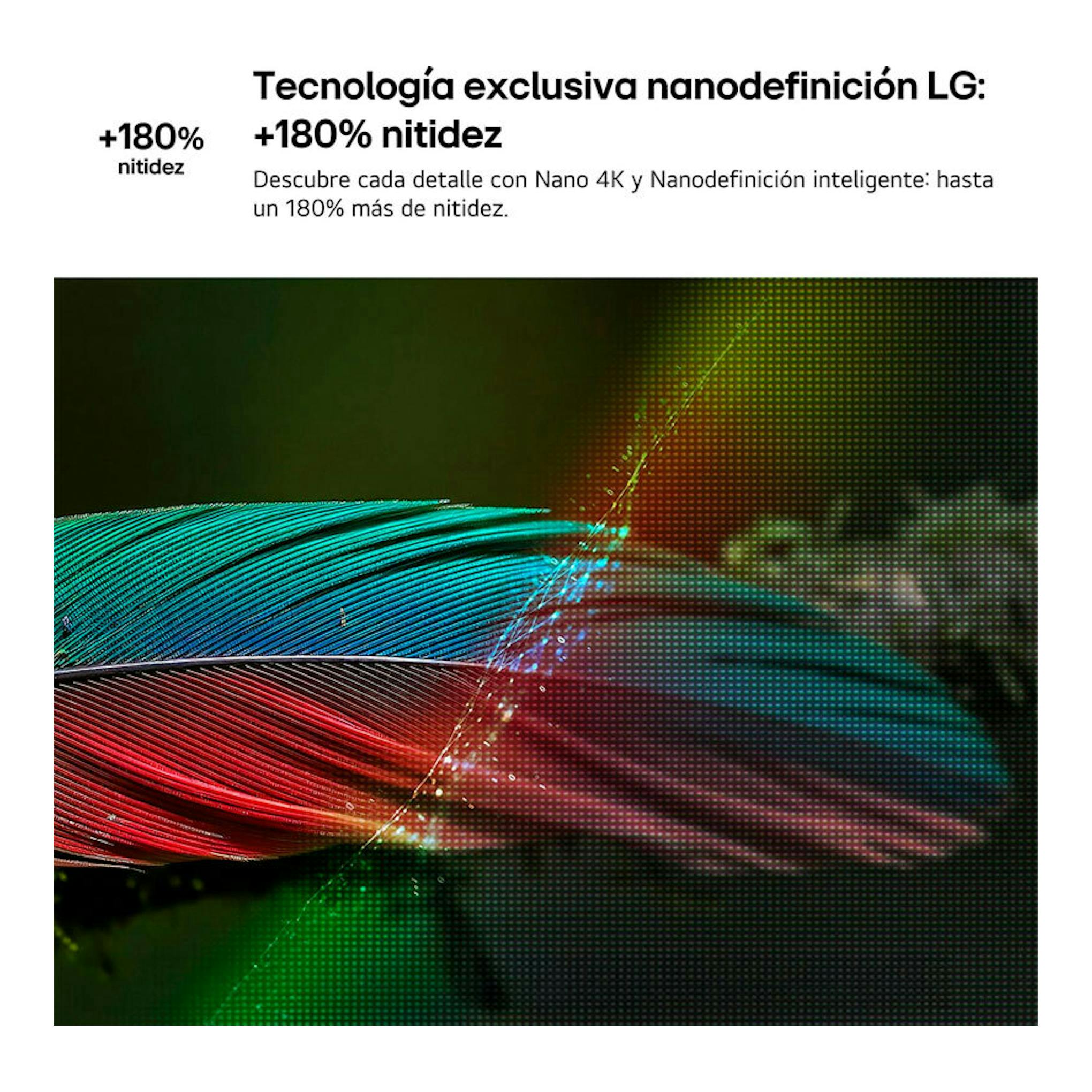 Gráfico promocional de LG sobre nanodefinición, con texto “+180% nitidez” y una imagen de colores en pantalla.