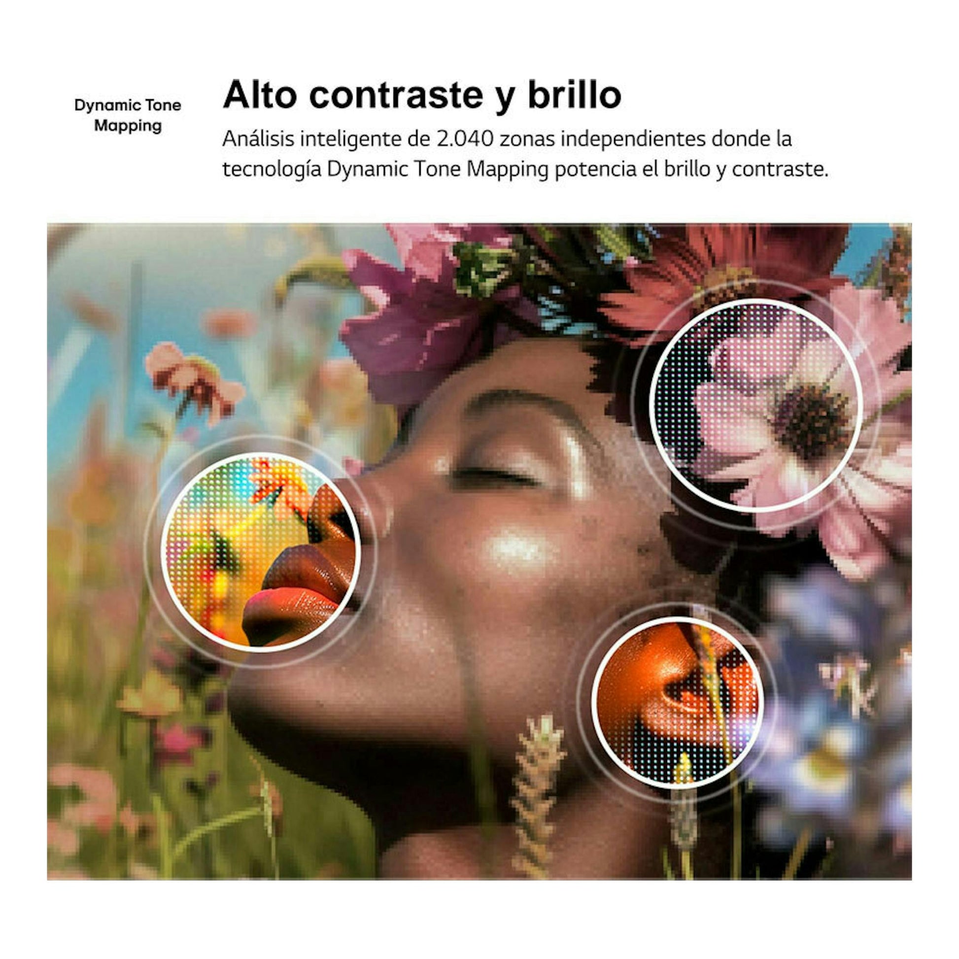 Gráfico promocional de LG 55NU850B6LA.AEU con texto «Alto contraste y brillo» y una mujer entre flores.