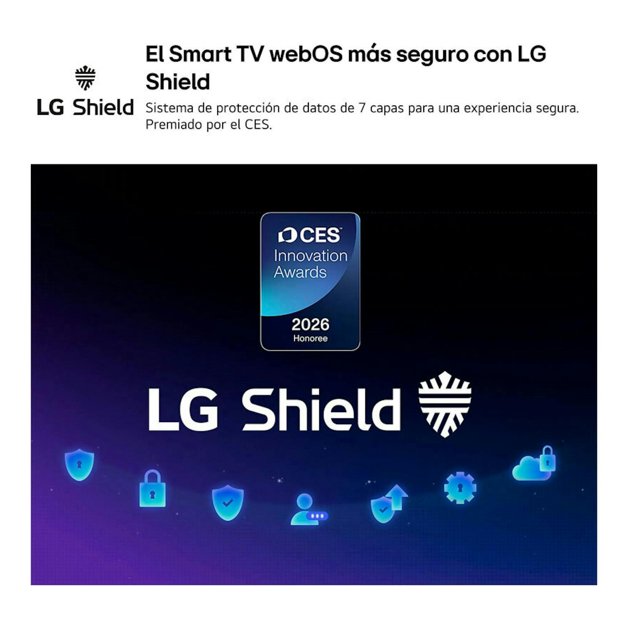 Imagen promocional de LG Shield, con sello CES 2026 y fondo azul oscuro con iconos de seguridad.