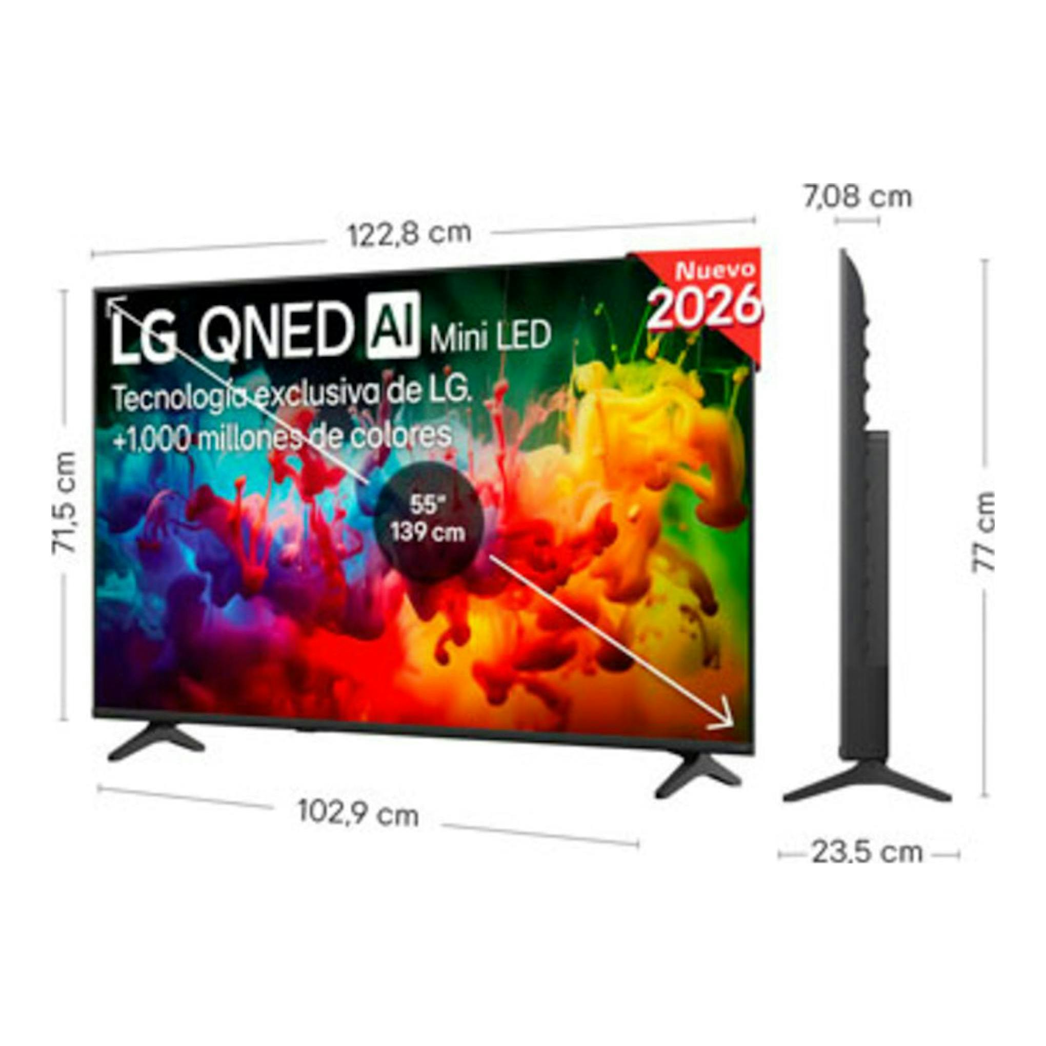 TV LG 55QNED70B6C.AEU, vista frontal y lateral, negra, con base, 55 pulgadas y dimensiones indicadas.
