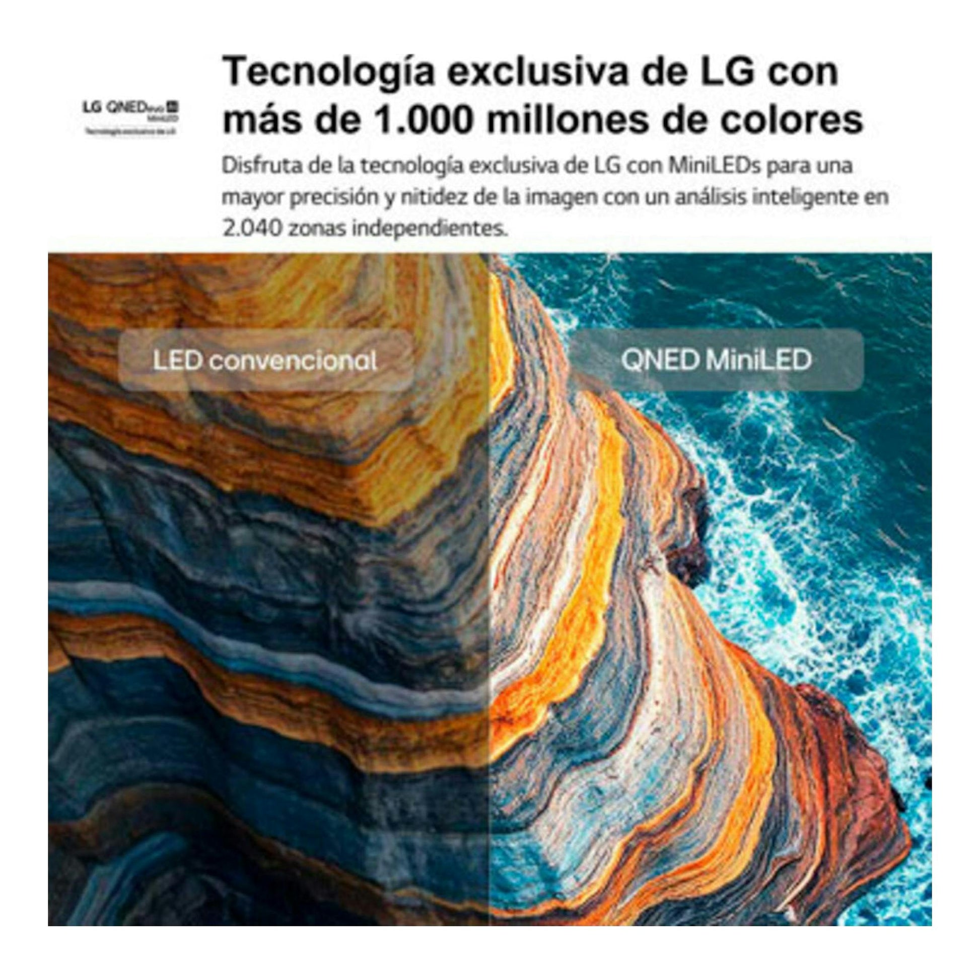 Gráfico promocional de LG QNED MiniLED con comparación entre LED convencional y QNED MiniLED sobre un acantilado.