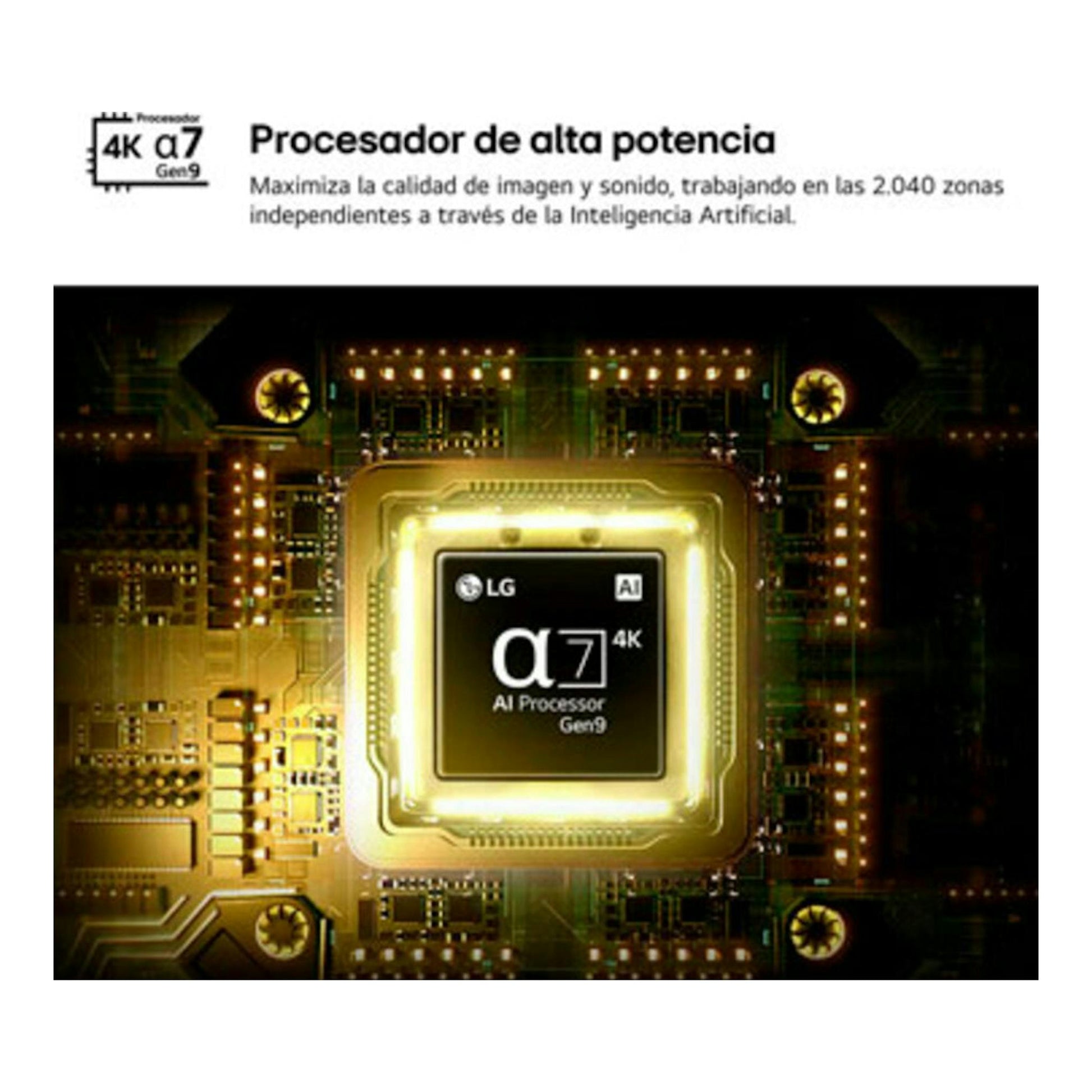 Gráfico promocional de LG con chip α7 4K AI Processor Gen9 y texto «Procesador de alta potencia».