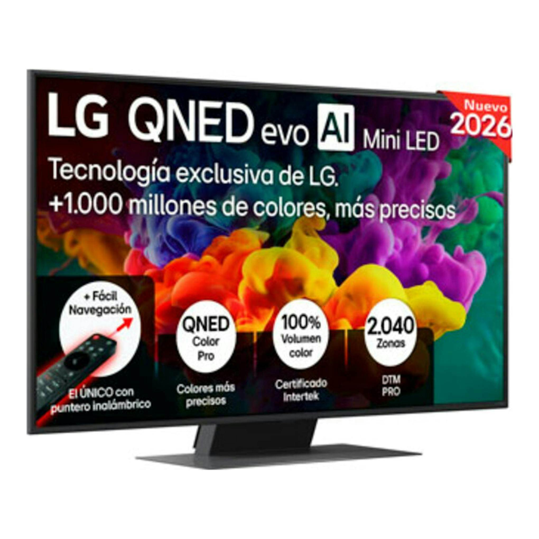 Televisor LG 55QNED86B6B negro, vista frontal en ángulo, con soporte central.