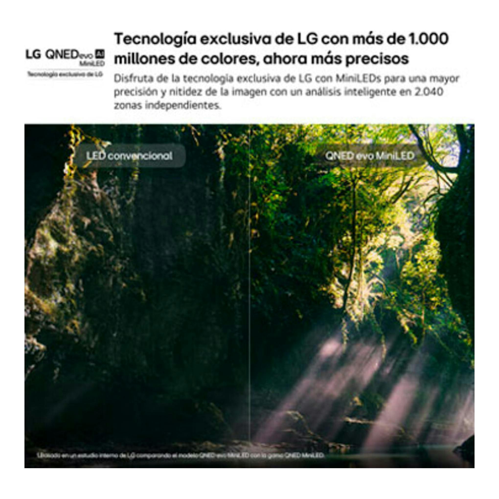 Gráfico promocional de LG QNED evo AI MiniLED, con comparación entre LED convencional y escena de bosque dividida.