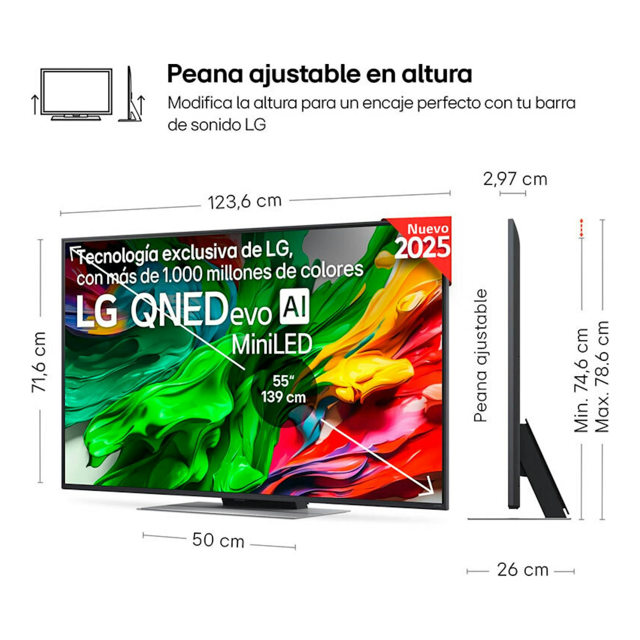 TV LG 55QNED87A6B QNED evo AI MiniLED 55", vista frontal e inclinada, con peana ajustable y medidas.