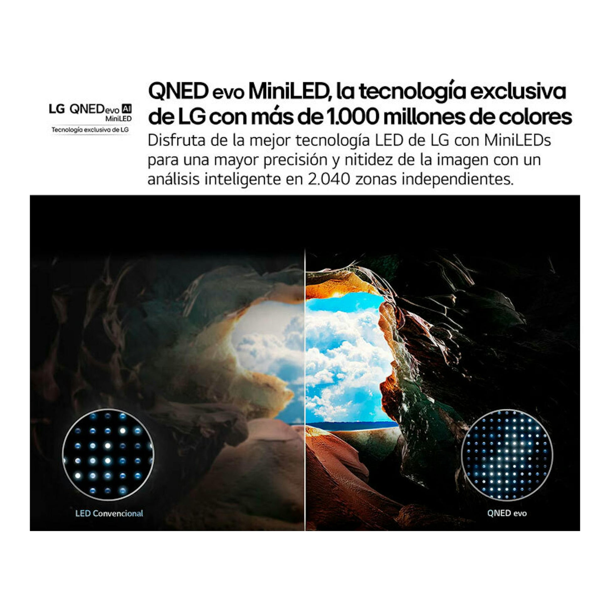 Gráfico promocional de LG QNED evo MiniLED, con comparación entre LED convencional y QNED evo en una cueva.