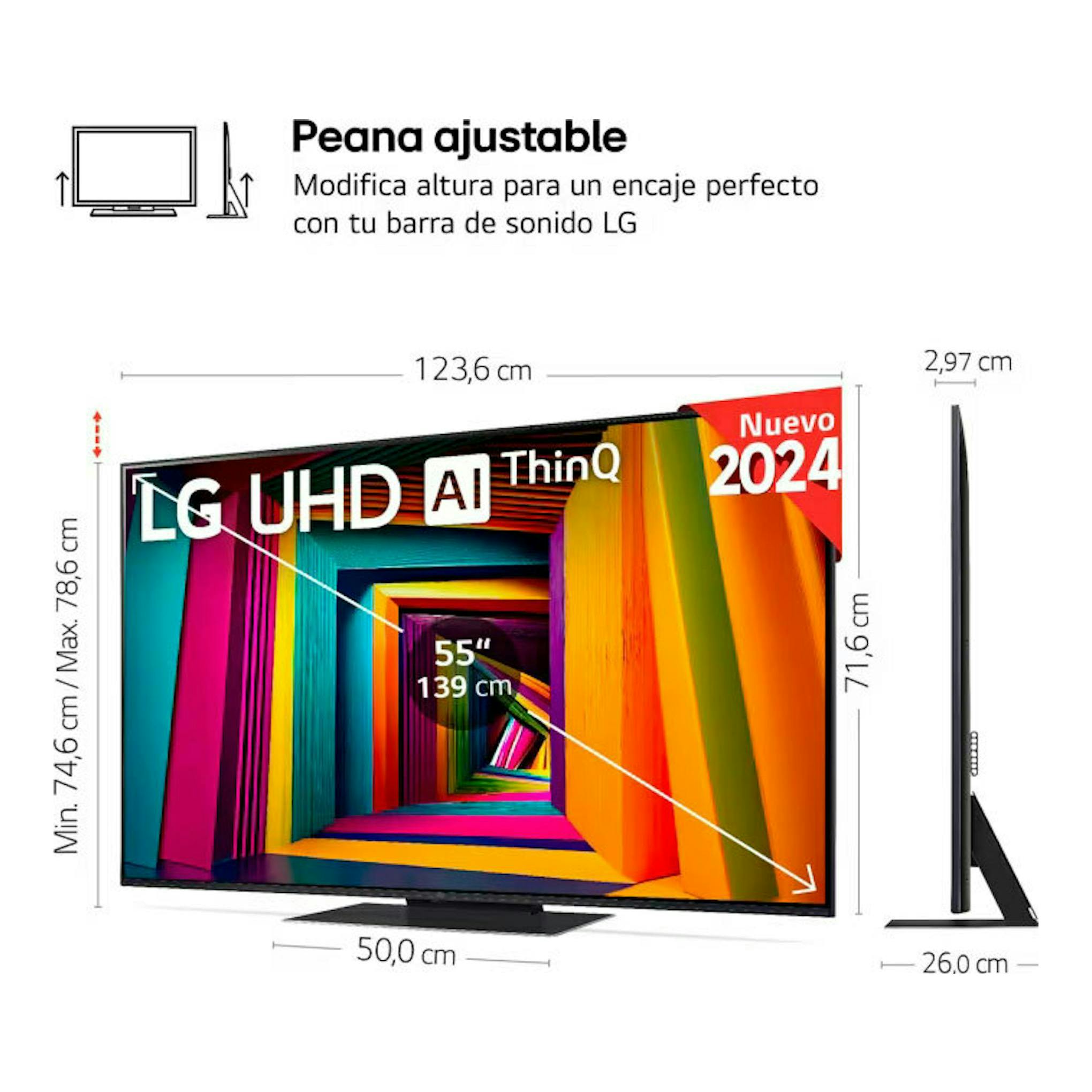 Infografía del televisor LG 55UT91006LA, 55", UHD AI ThinQ, con peana ajustable; vista frontal y lateral en negro.
