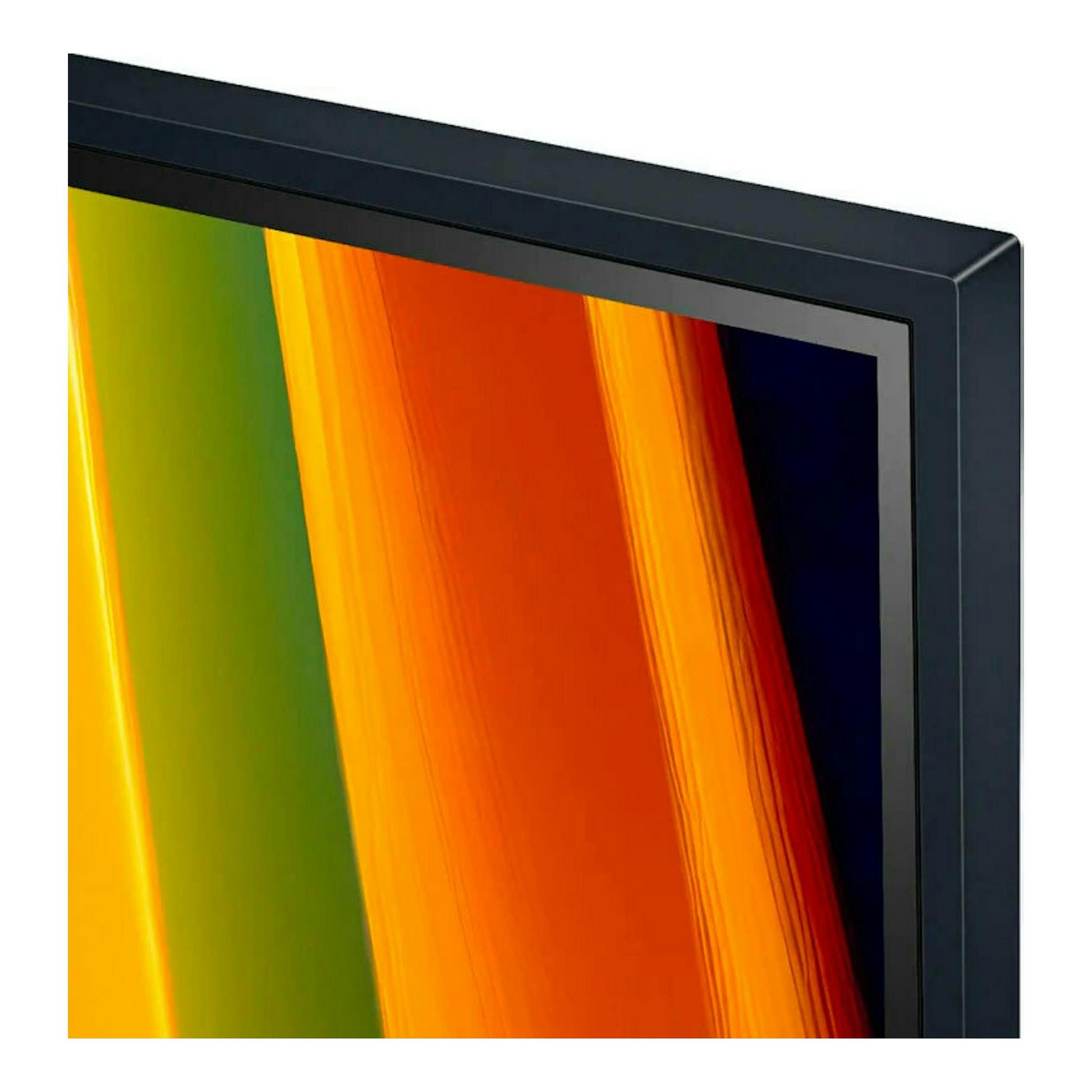 Televisor LG 55UT91006LA.AEU negro, vista en ángulo del borde superior derecho y pantalla con franjas de color.