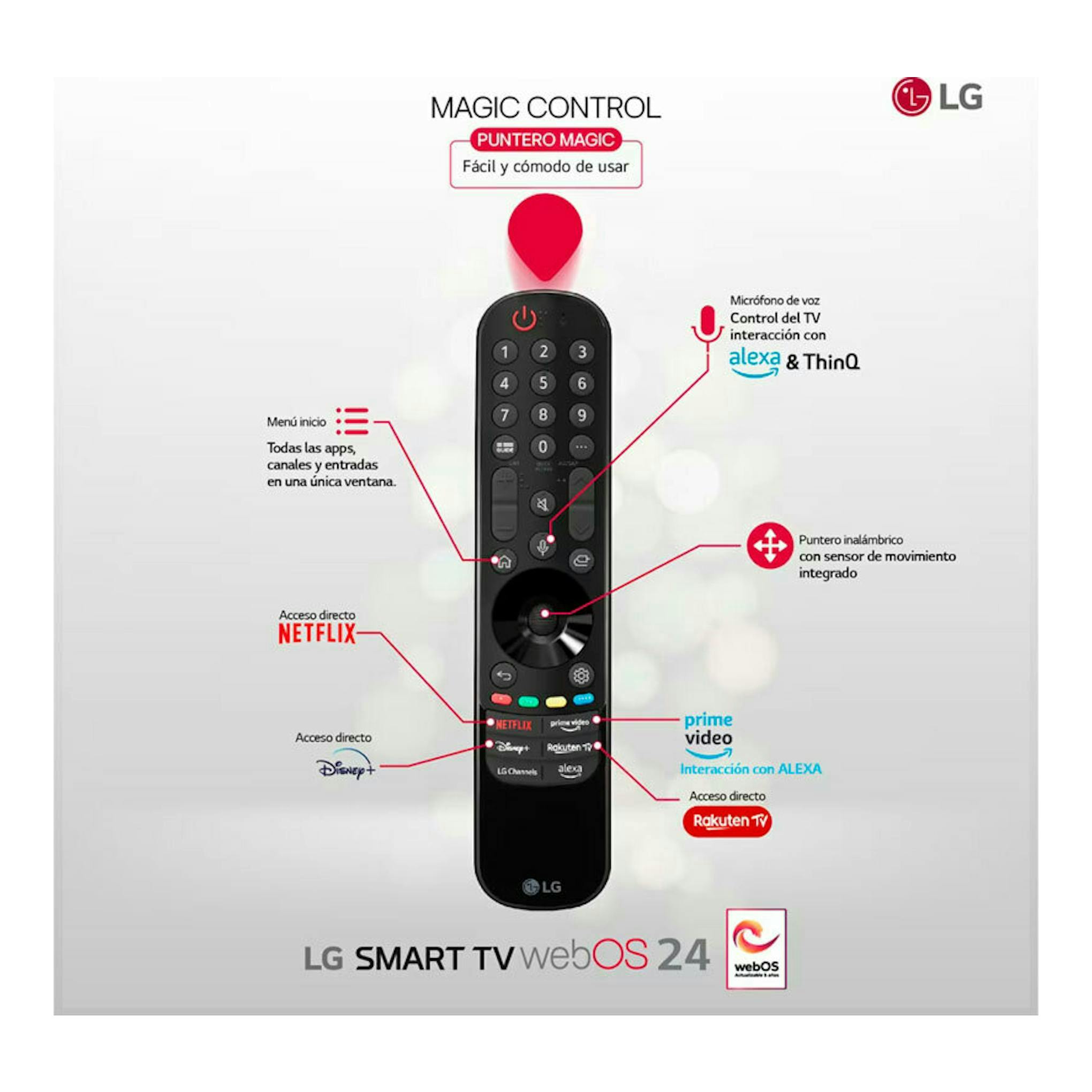 Mando LG Magic Control negro, vista frontal, con botones numéricos y control por voz, webOS 24.