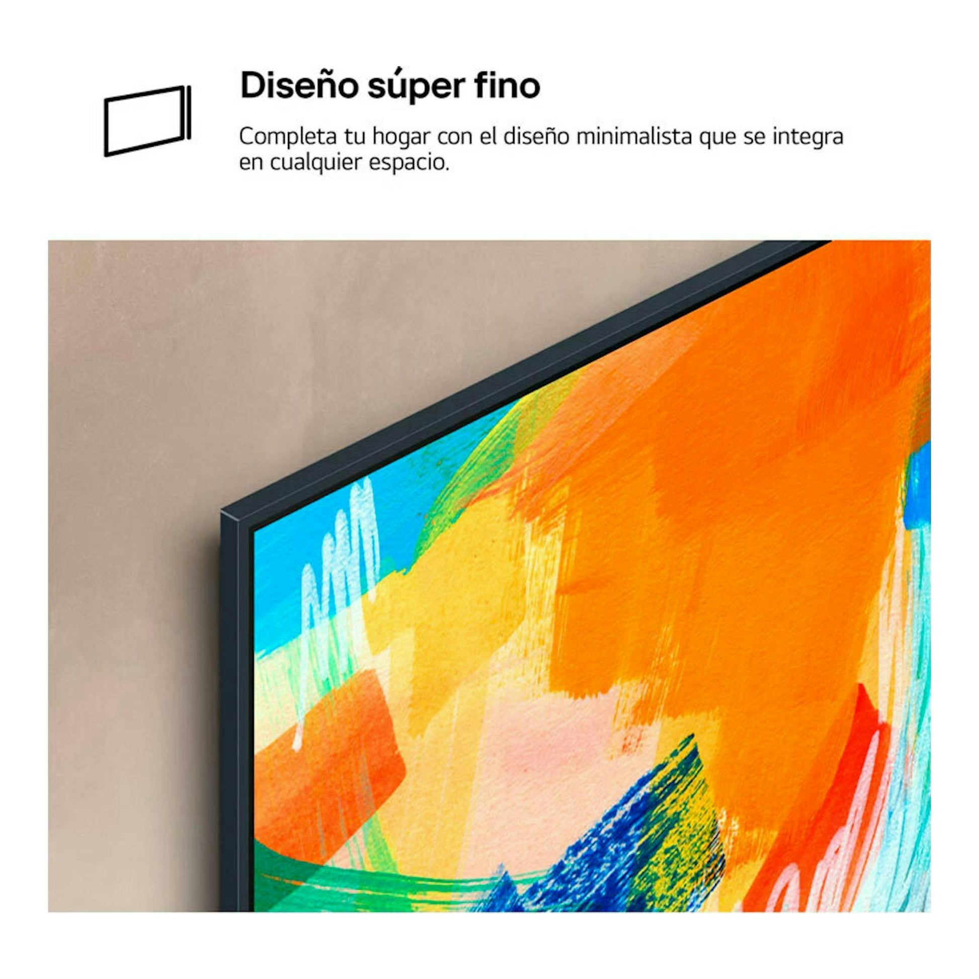 Televisor LG 55UT91006LA.AEU en vista parcial lateral, marco negro fino y pantalla con imagen abstracta multicolor.