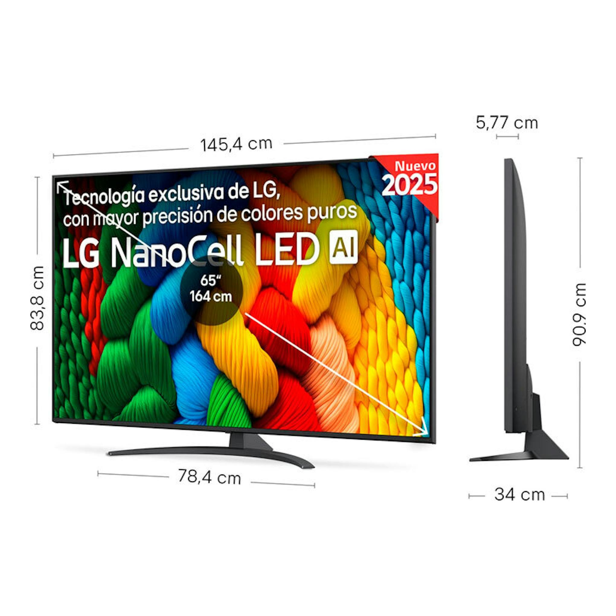 Televisor LG 65NANO81A6A NanoCell LED AI de 65”, vista frontal y lateral, con medidas.