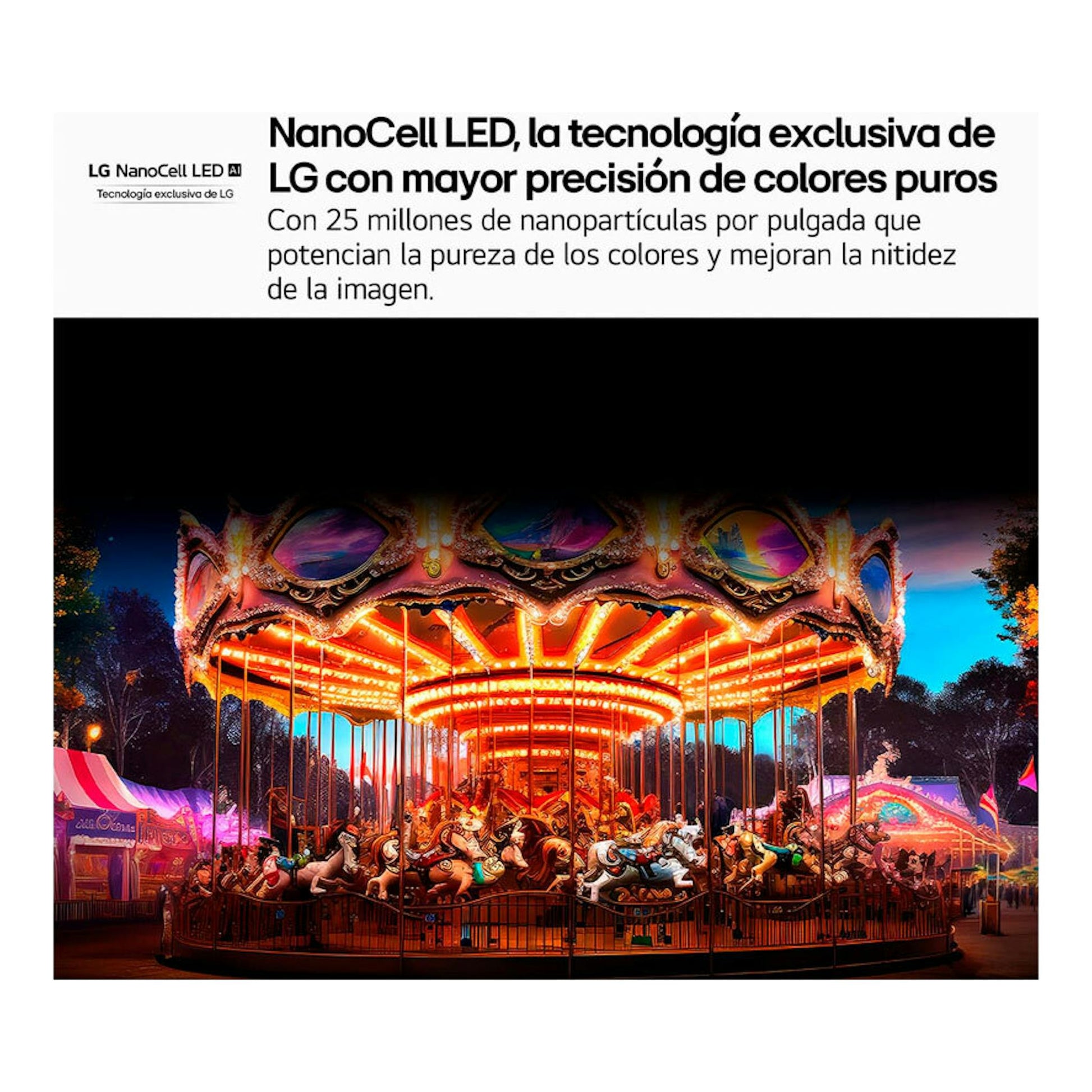 Banner frontal de LG NanoCell LED con carrusel iluminado de noche y texto sobre precisión de colores.