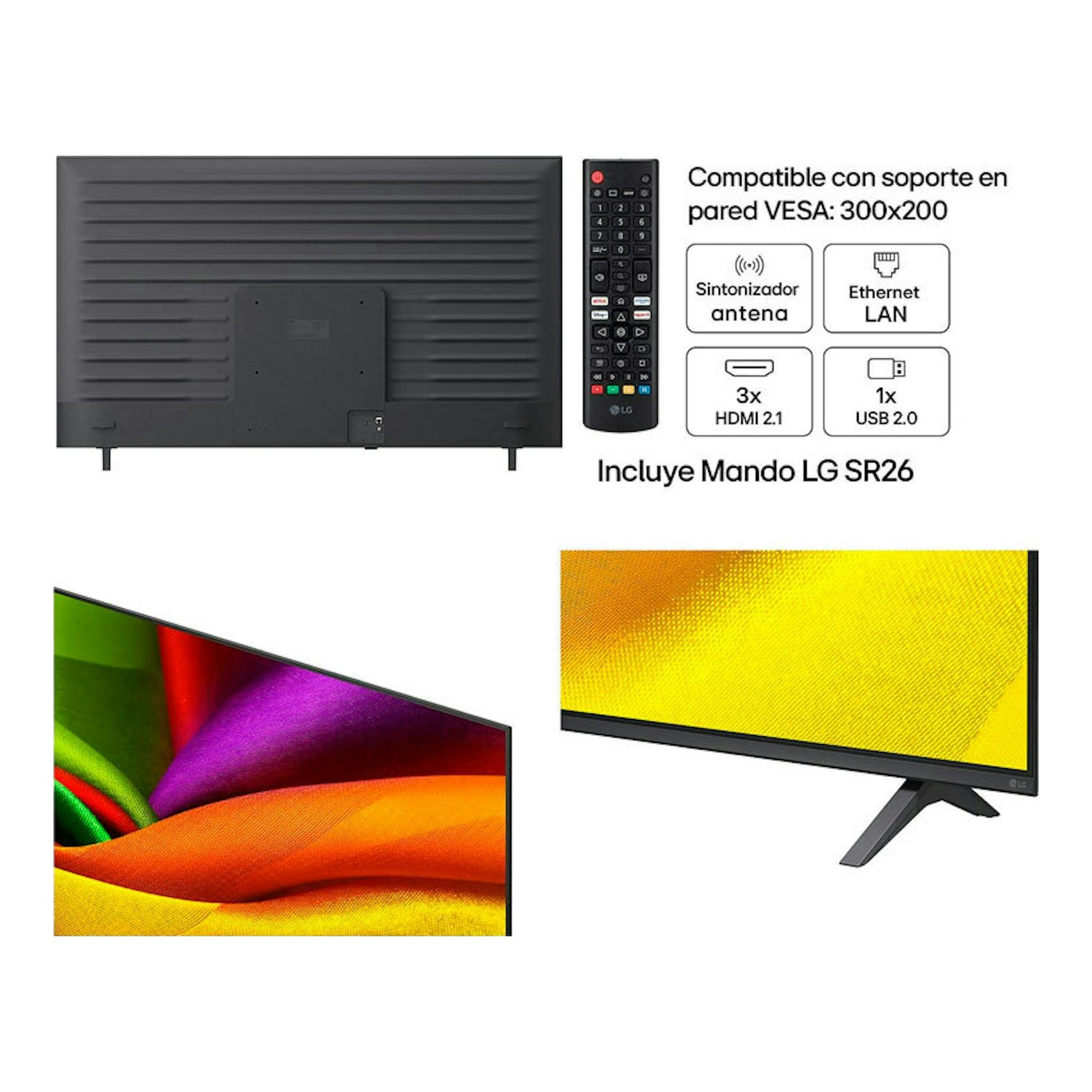 Televisor LG 65NU850B6LA negro, vista trasera y frontal en ángulo, con mando y especificaciones.