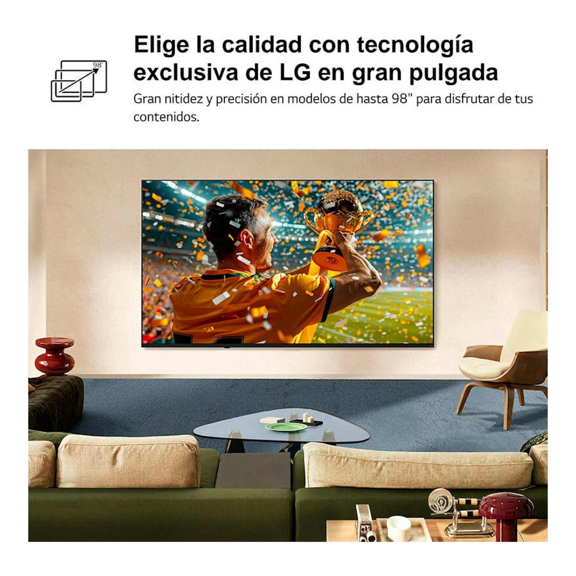Televisor LG 65NU850B6LA montado en pared, vista frontal, con imagen de un futbolista en una sala moderna.