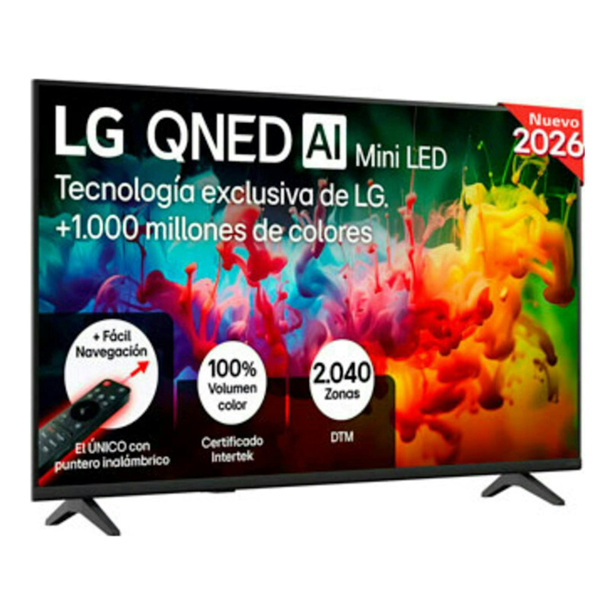 Televisor LG 65QNED70B6C QNED AI Mini LED, vista frontal, sobre dos patas, con pantalla promocional multicolor.