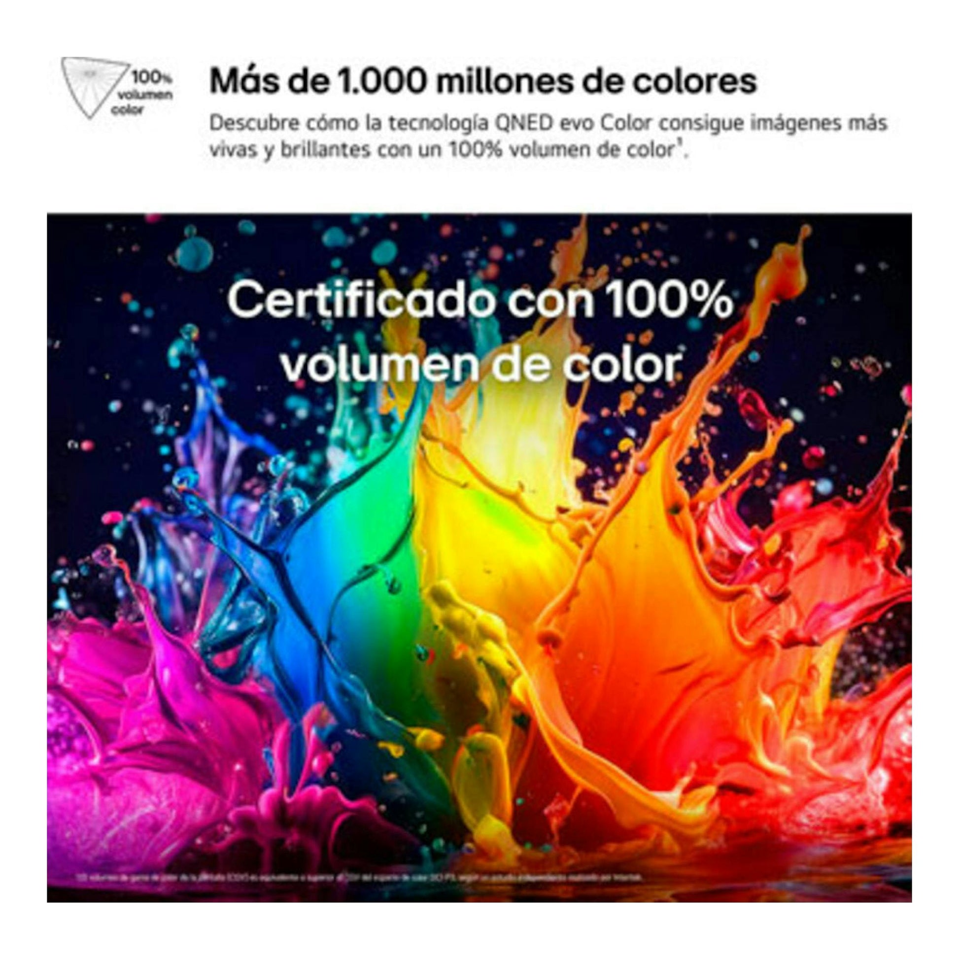 Gráfico frontal de LG QNED evo con salpicaduras de colores y texto sobre 100% volumen de color.