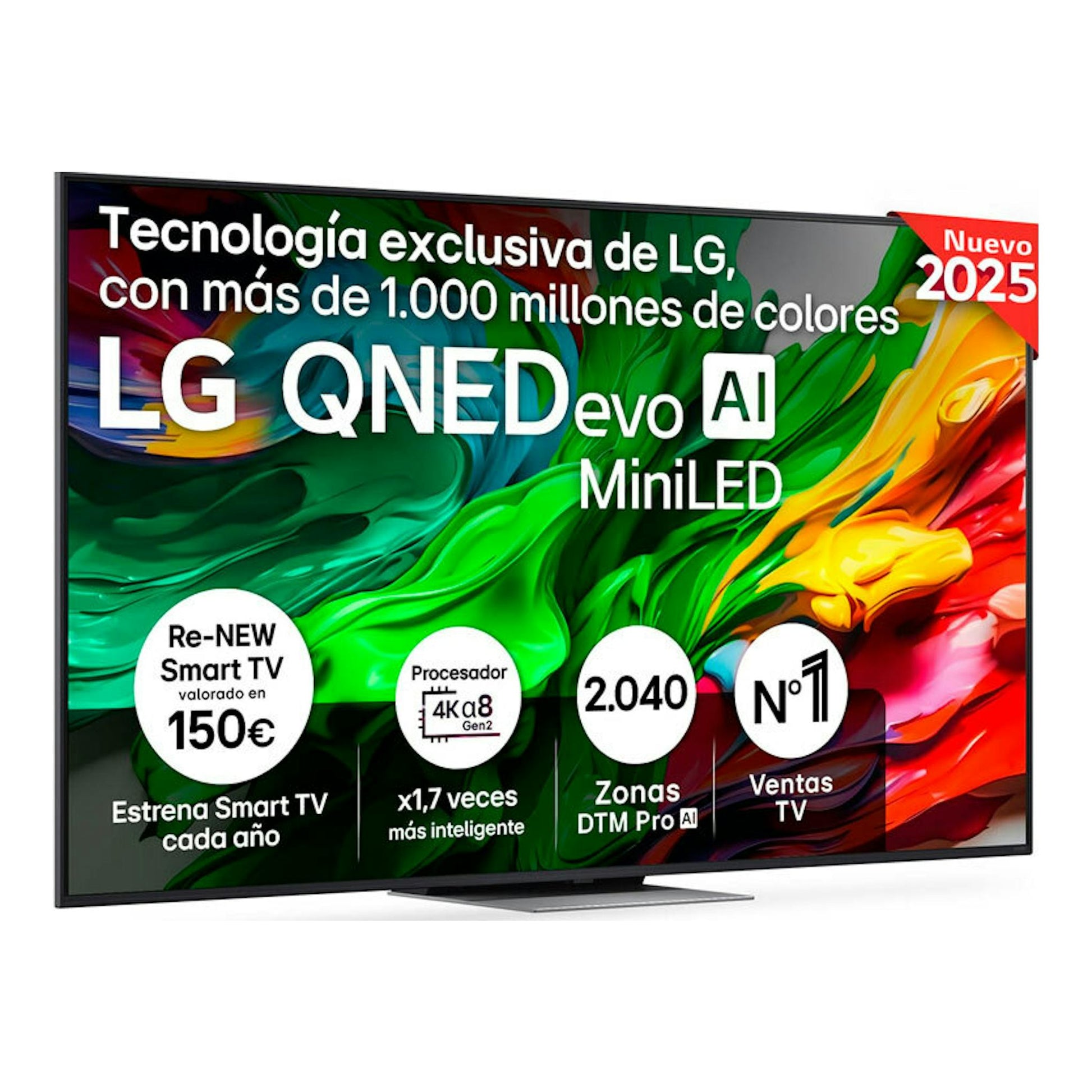 TV LG 65QNED87A6B, vista frontal, pantalla con fondo multicolor y texto de QNED evo AI MiniLED.