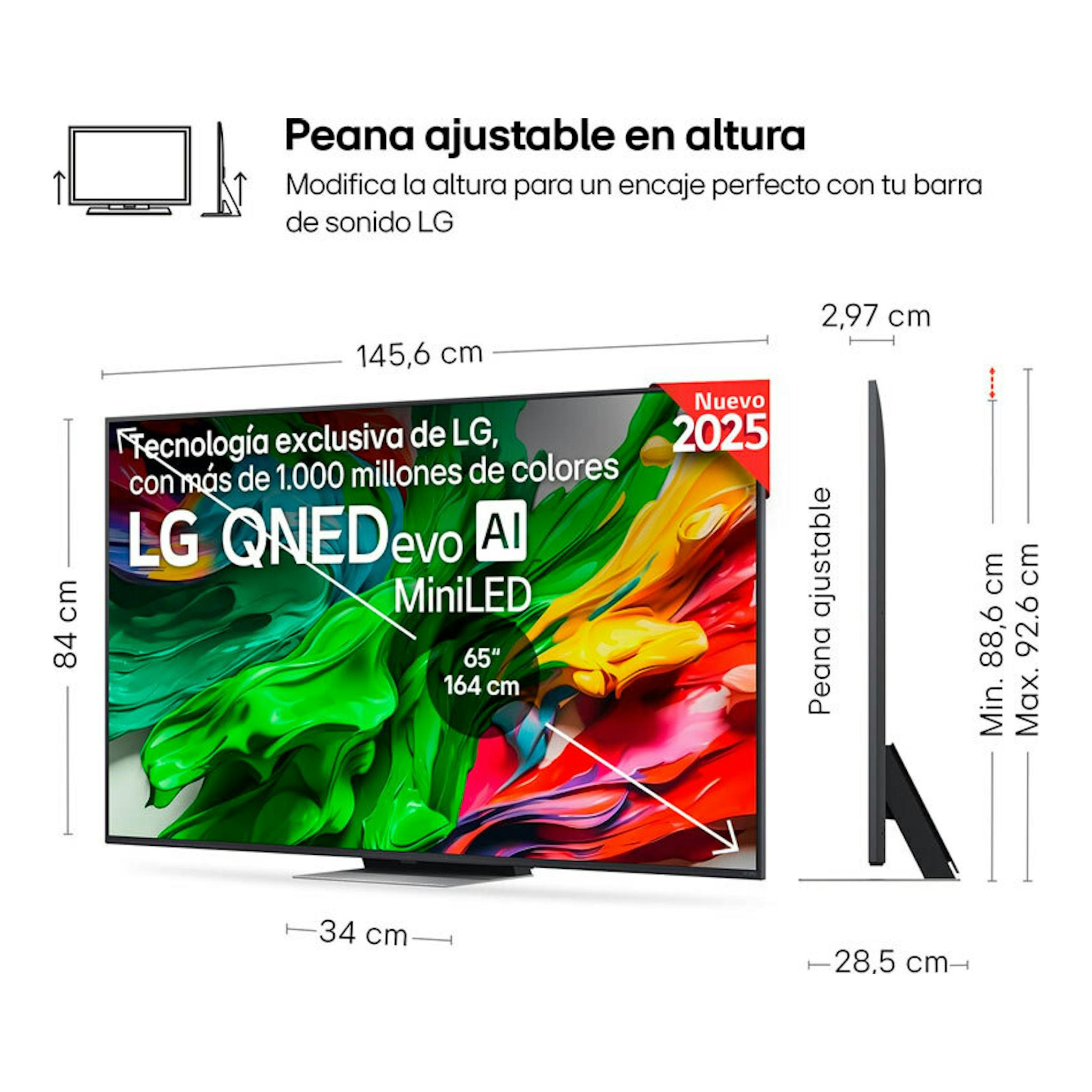 Infografía de TV LG QNED evo AI MiniLED de 65", vista frontal y lateral, con peana ajustable en altura.