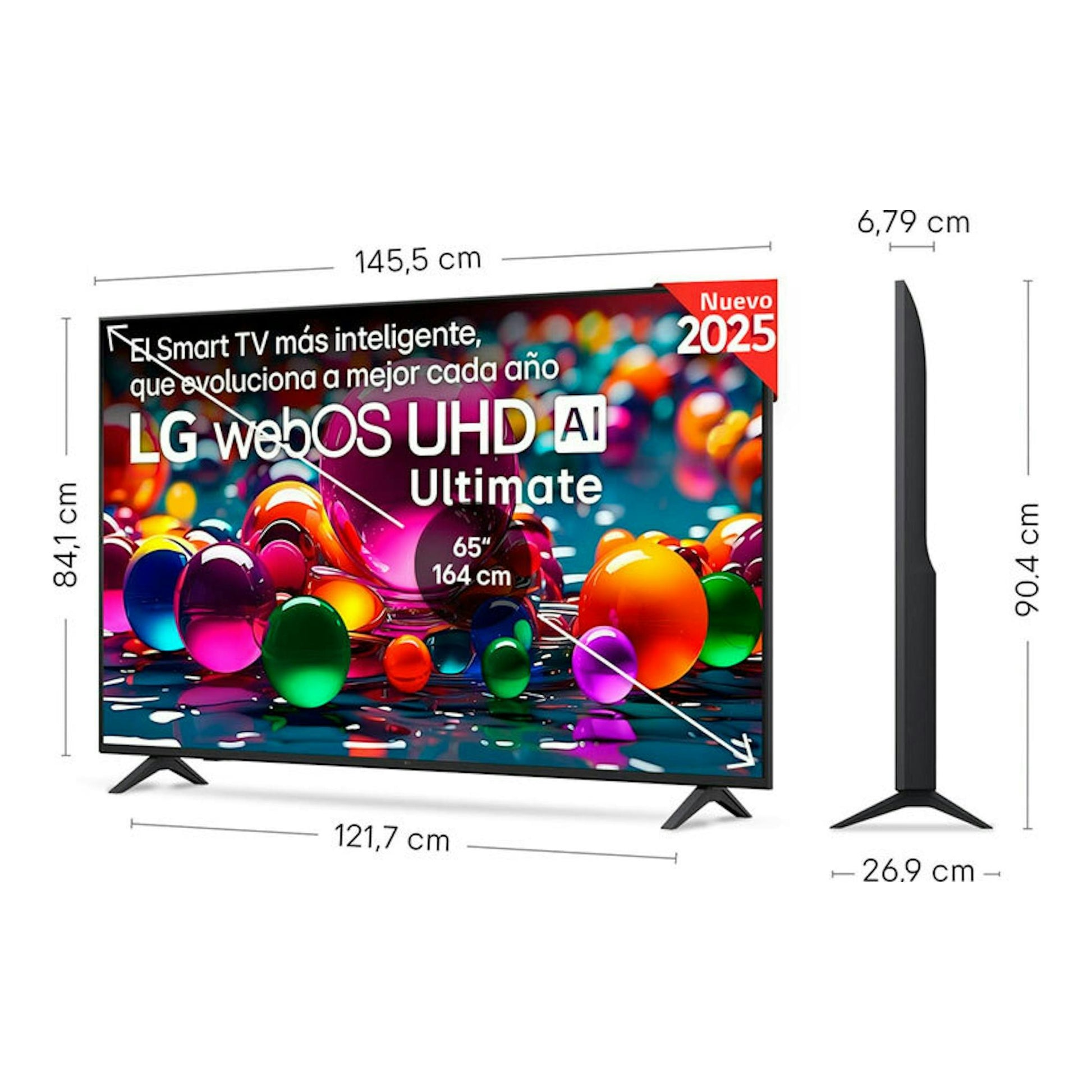 Televisor LG 65UA75006LA de 65", vista frontal y lateral, negro, con base y medidas visibles.