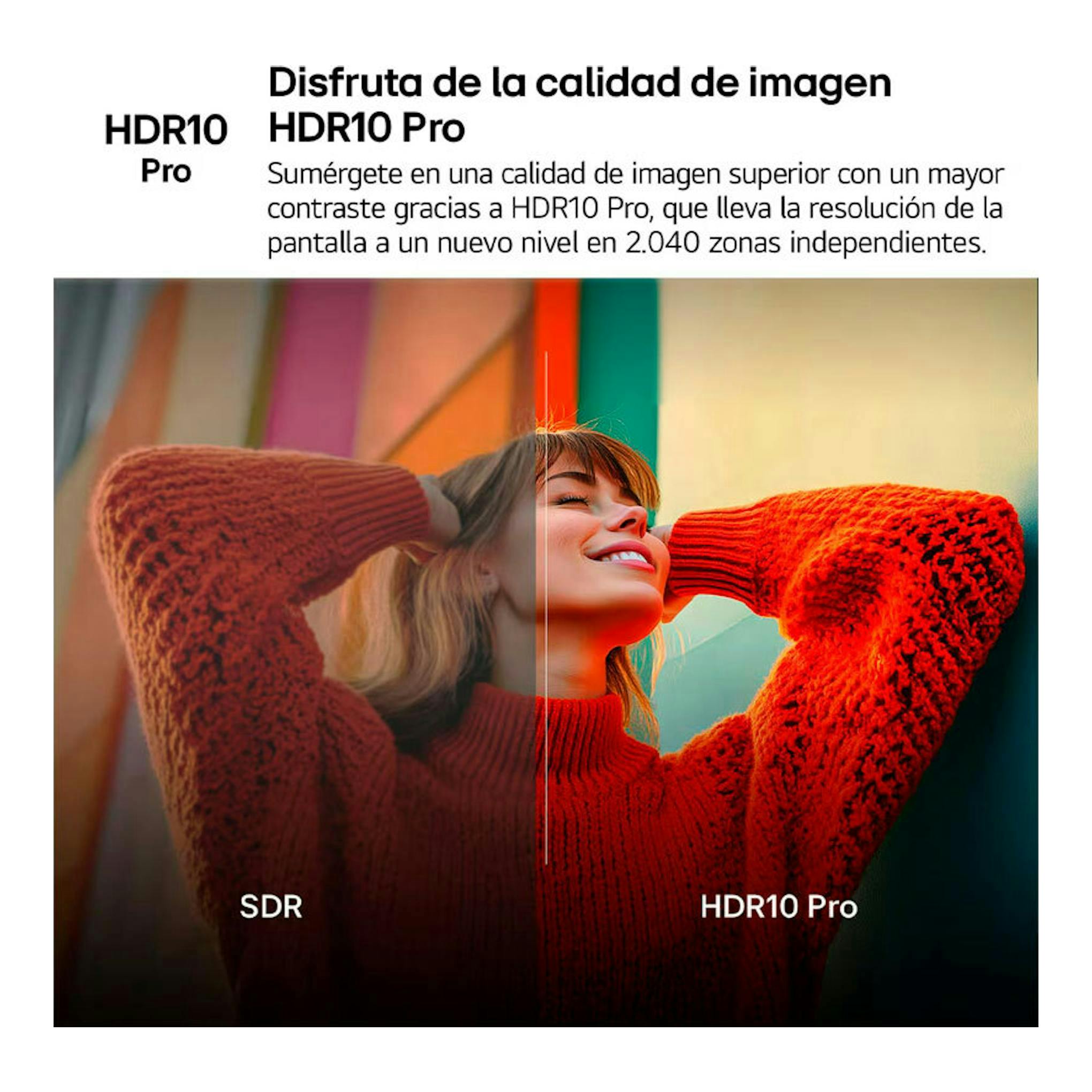 Gráfico de LG 65UA75006LA.AEU con comparación SDR y HDR10 Pro de una mujer con jersey rojo.