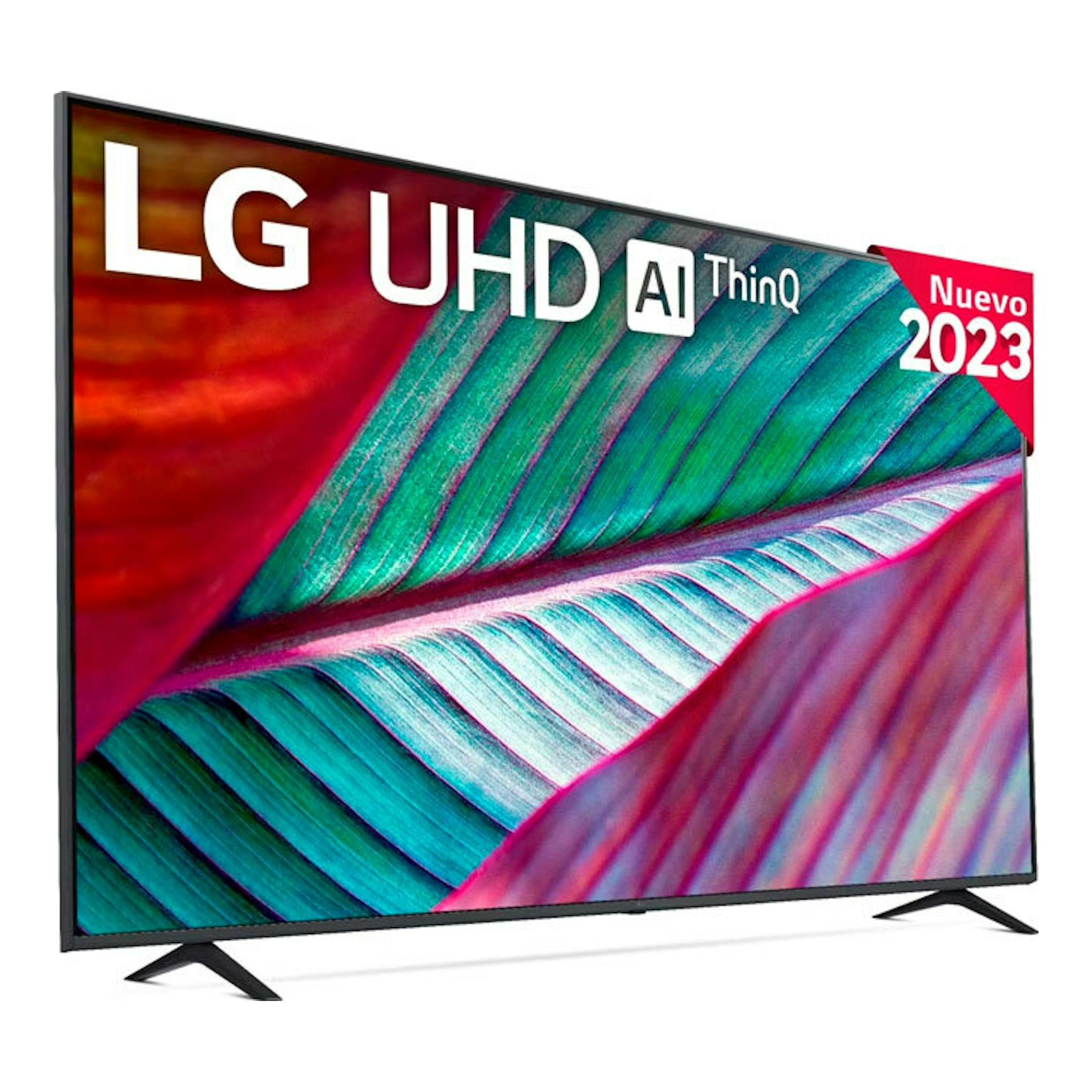 Televisor LG 65UR78006LK UHD 4K, vista frontal en ángulo, marco negro y dos patas.