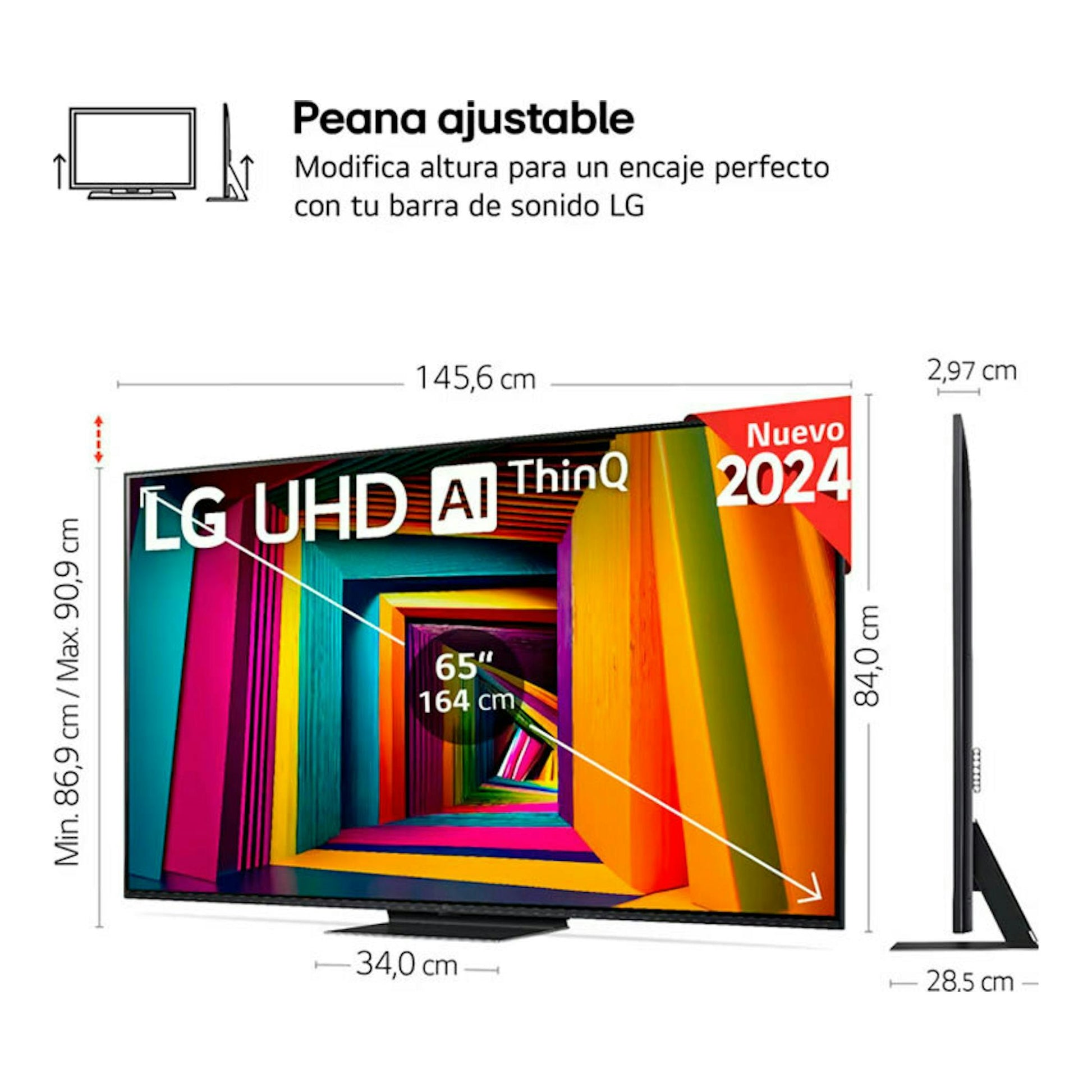 Televisor LG 65UT91006LA.AEU de 65 pulgadas, vista frontal y lateral, con peana ajustable y medidas.