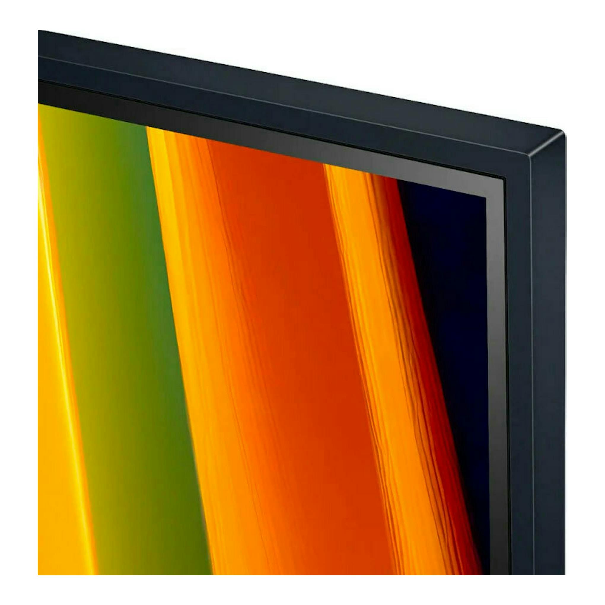 Televisor LG 65UT91006LA.AEU, vista parcial en esquina, marco negro y pantalla con franjas de color.