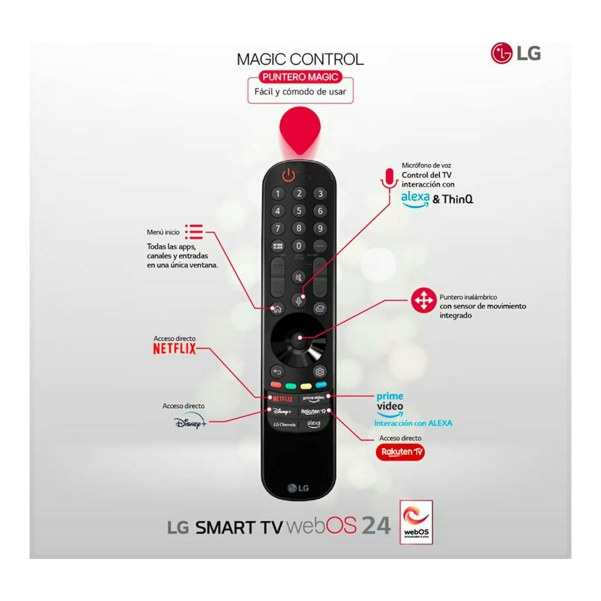 Mando LG Magic Control negro con puntero rojo, teclado numérico y accesos a Netflix, Prime Video y Disney+