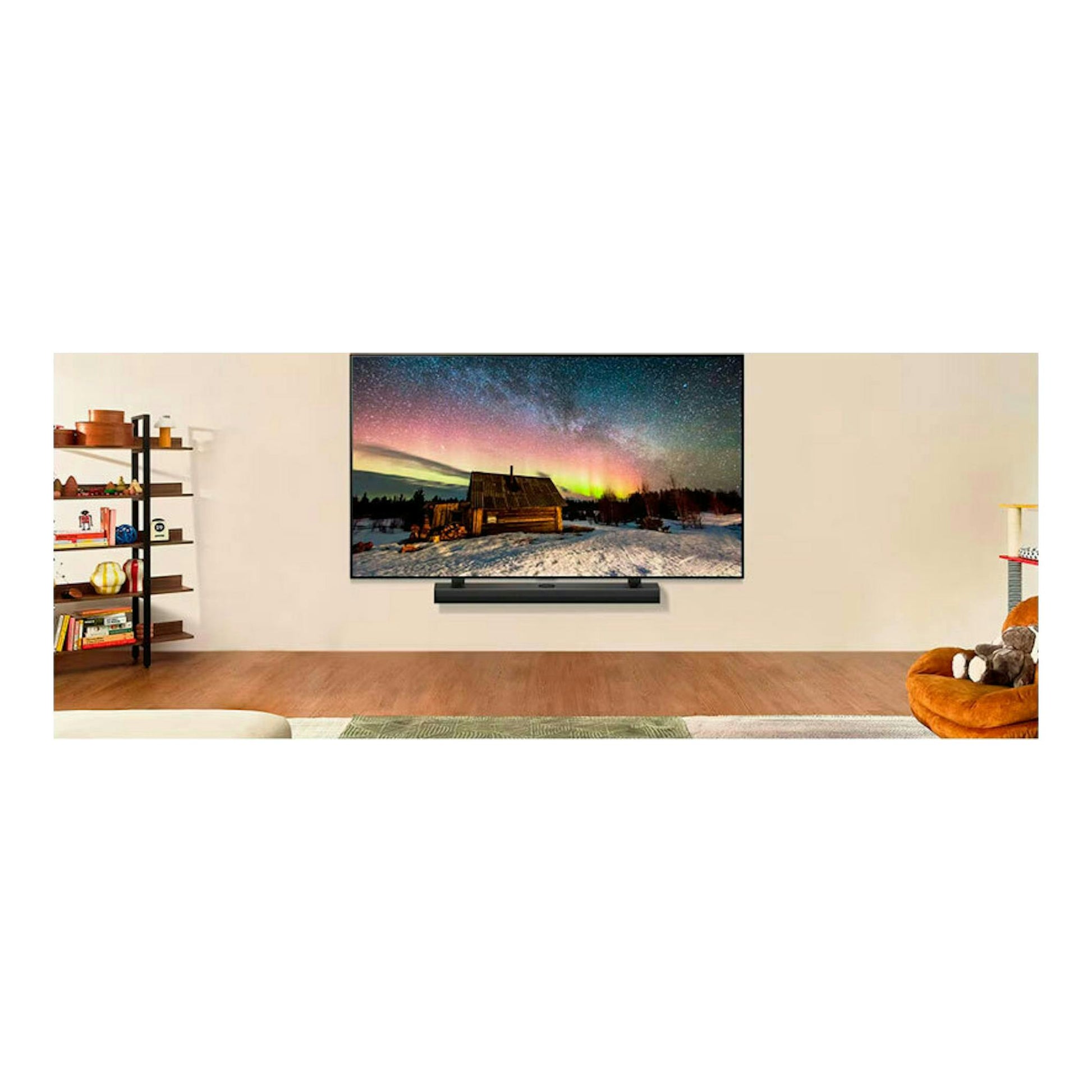 Televisor LG 65UT91006LA.AEU, vista frontal, montado en pared, en una sala con pantalla mostrando un paisaje nocturno.