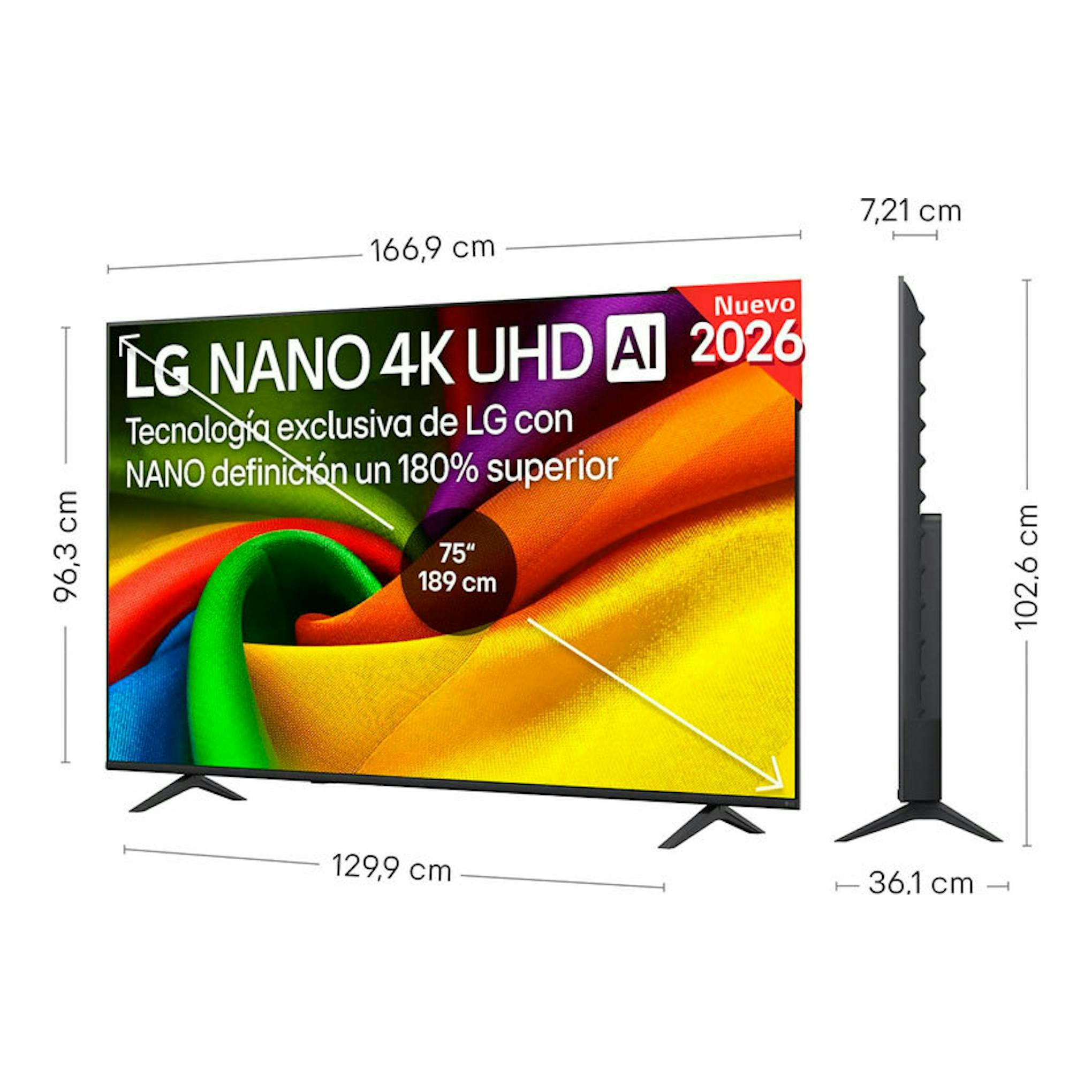 Televisor LG 75NU850B6LA.AEU, vista frontal y lateral, 75 pulgadas, Nano 4K UHD AI, con medidas en cm.