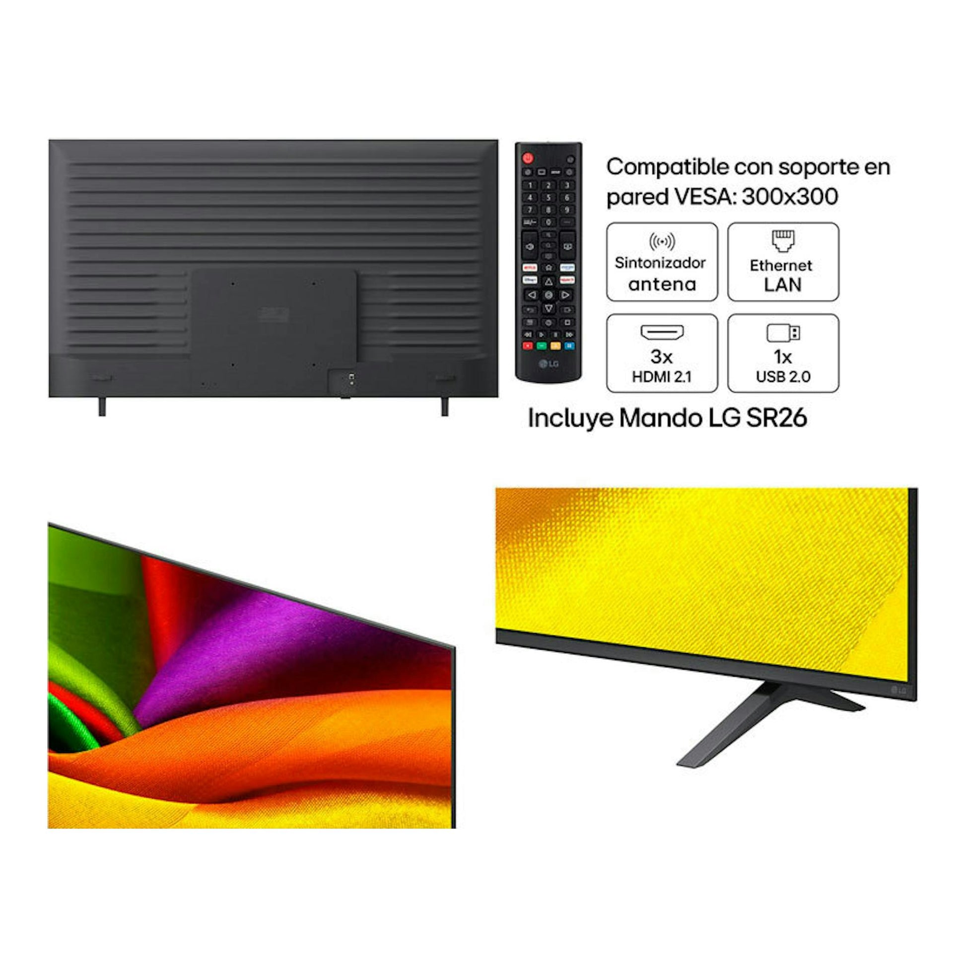 Televisor LG 75NU850B6LA.AEU de 75", vista trasera y frontal, con mando LG SR26 y soporte.