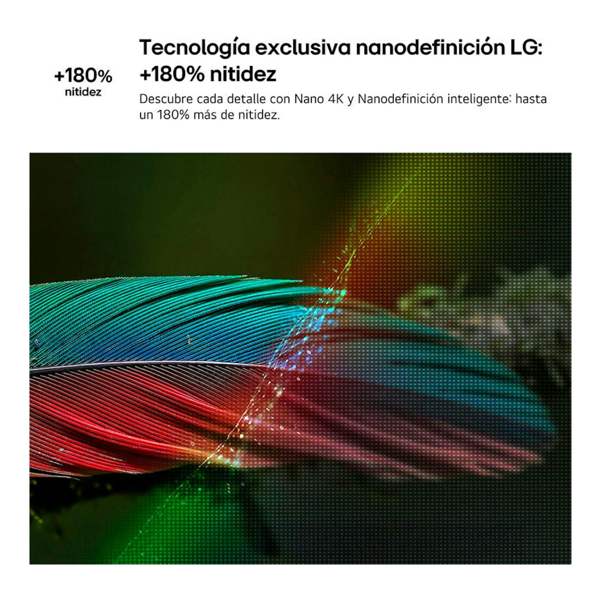 Gráfico promocional de LG 75NU850B6LA.AEU con texto sobre nanodefinición y fondo abstracto multicolor.
